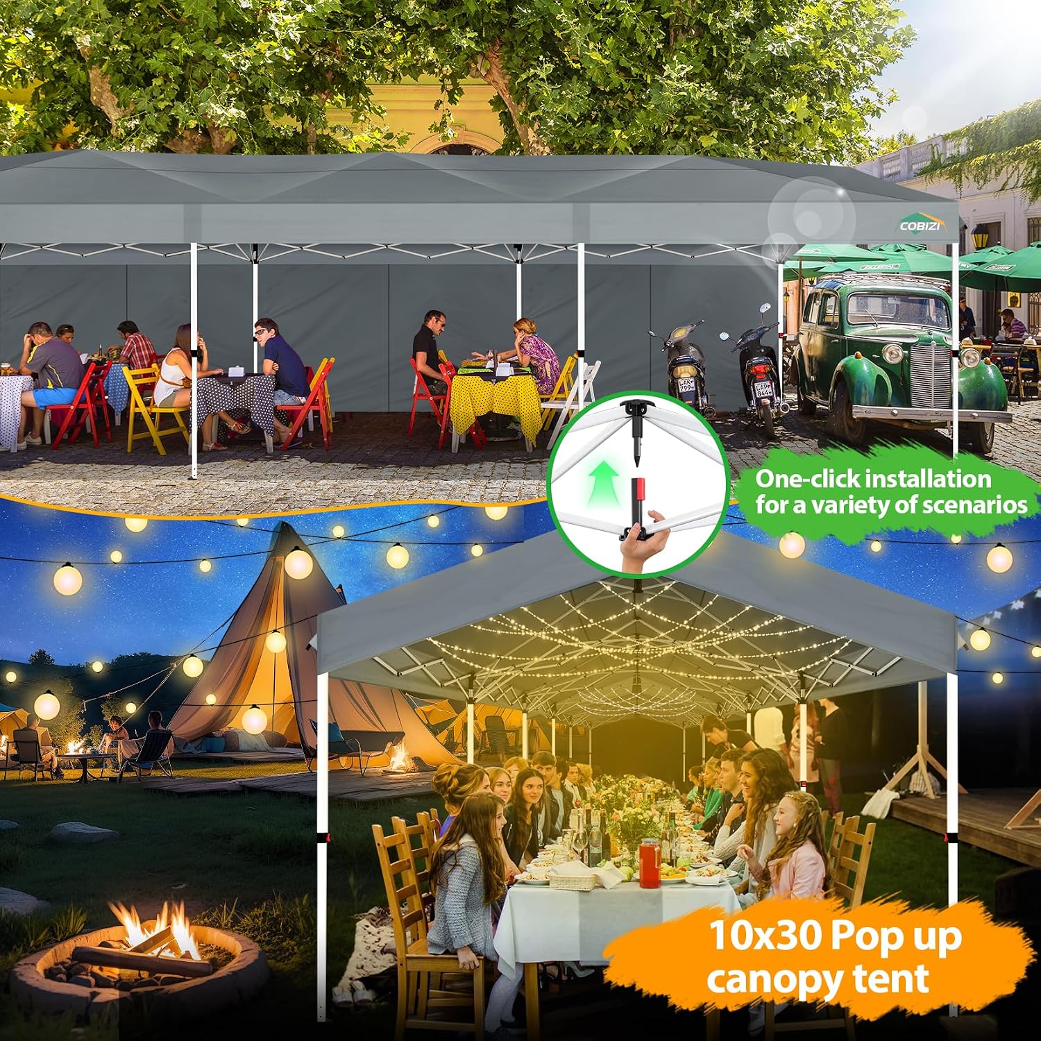 COBIZI 10x30 Party Tent with Wheeled Bag 10x30 Pop up Canopy with One-Push Setup, Outdoor Canopy with 3 Sidewalls Gazebo Event Shelter for Wedding Commercial with Sandbags,Waterproof & UPF50+, Grey