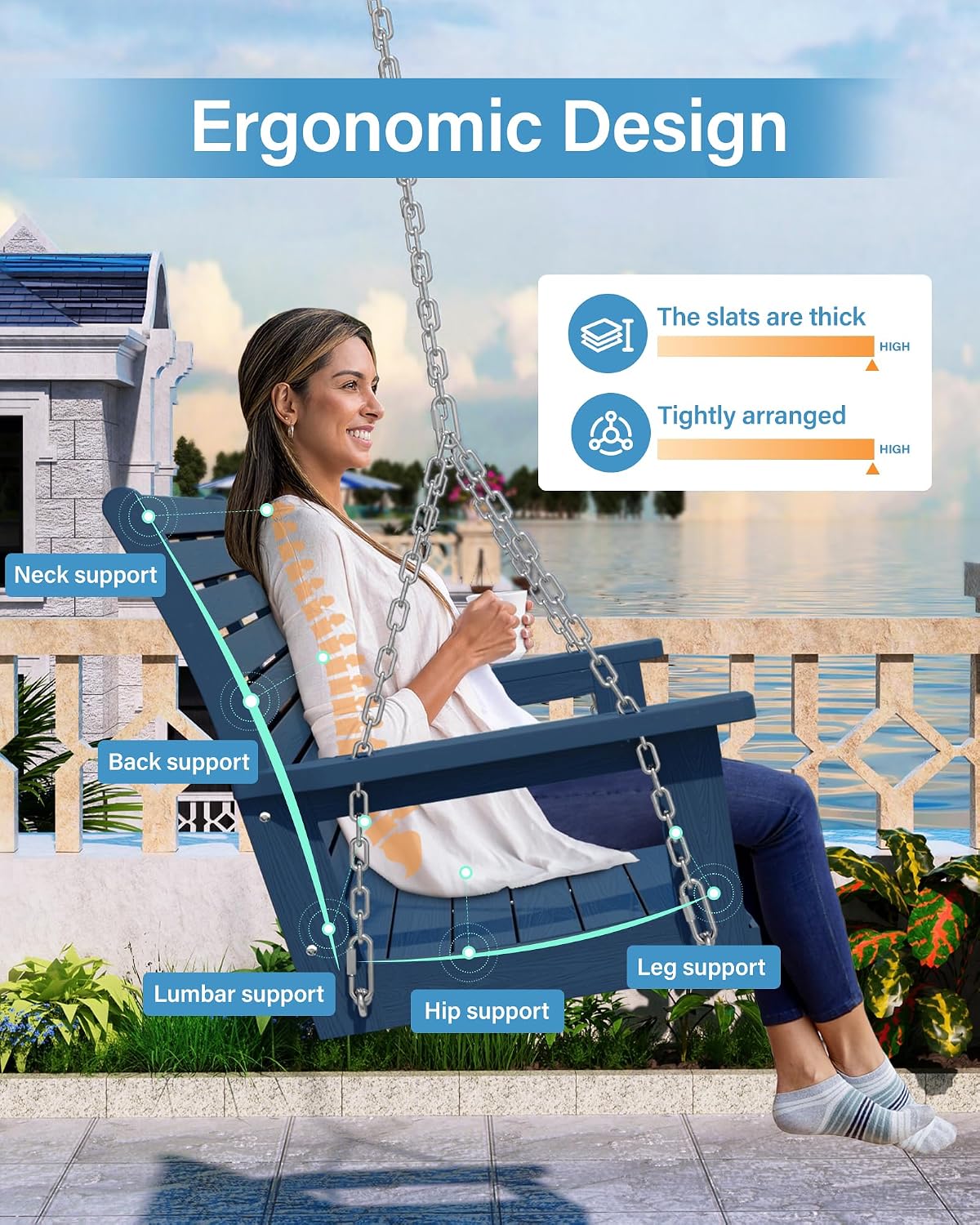 YEFU Hanging Porch Swing Outdoor: 2-Seat Patio Swing Bench-All Weather Swings Chair with Hanging Chains-Look Like Real Wood-Garden/Courtyard/660Lbs Weight Capacity/4FT/Navy Blue