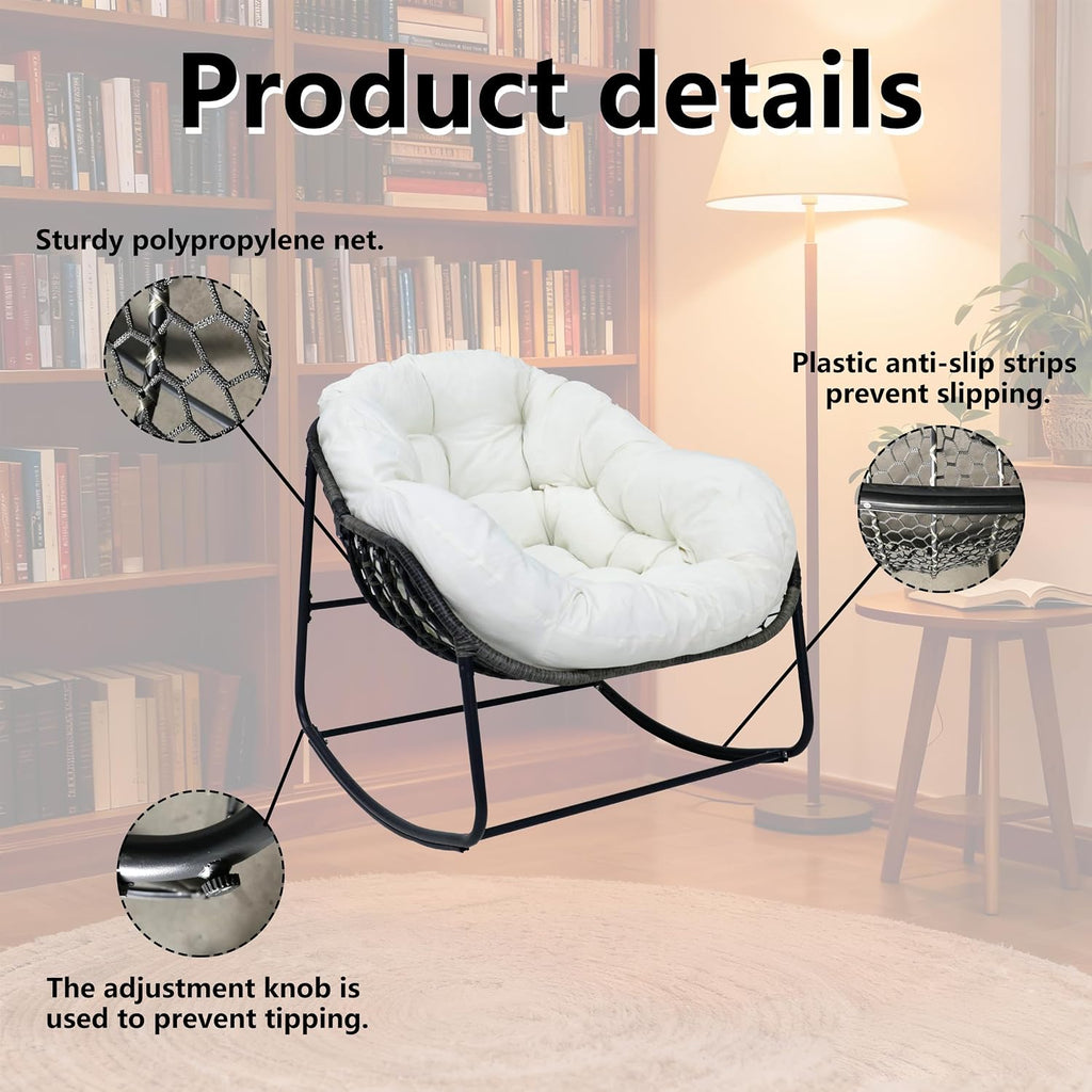 Deluxe Patio Rocking Chair with Padded Cushion, Oversized Rattan Egg Rocking Chair, Indoor & Outdoor, Rocker Recliner Chair for Front Porch, Garden, Patio, Backyard (61611842-1)