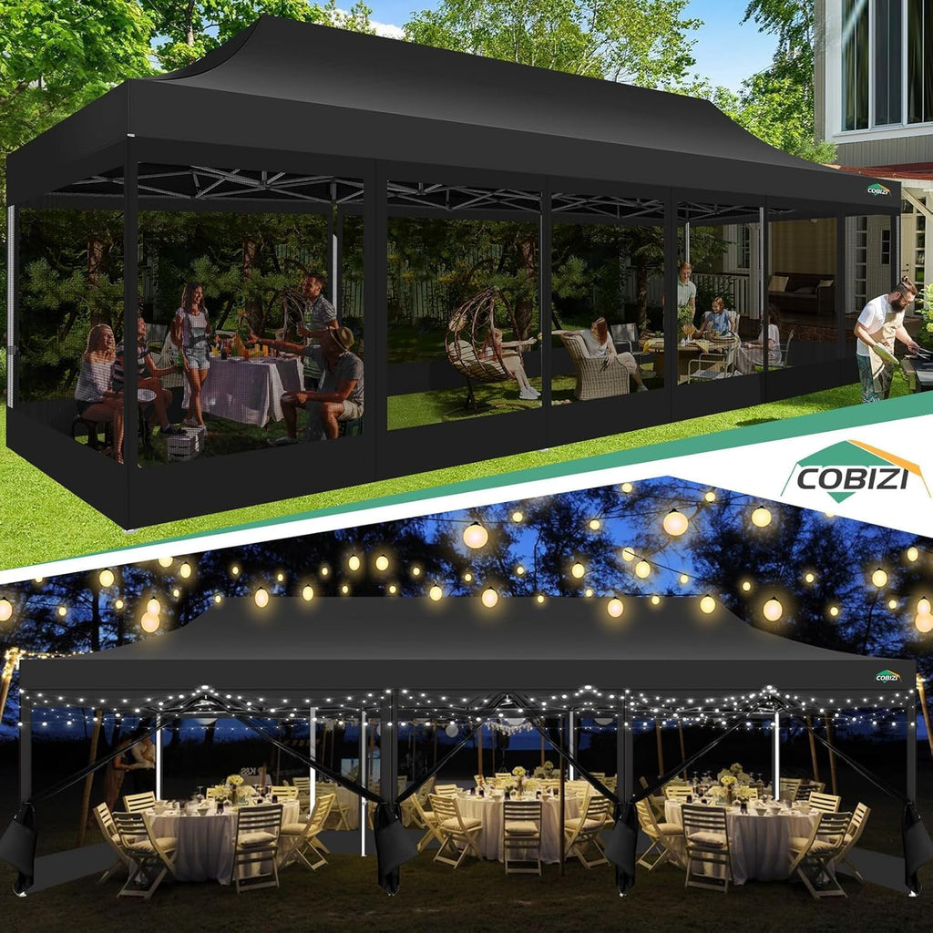 COBIZI 10x30 Pop Up Canopy with Sidewalls, Heavy Duty Canopy with Mosquito Netting, Easy up Screen Party Tents for Parties Backyard Outdoor Commercial Event Gazebo with Roller Bag, Sandbags, Black