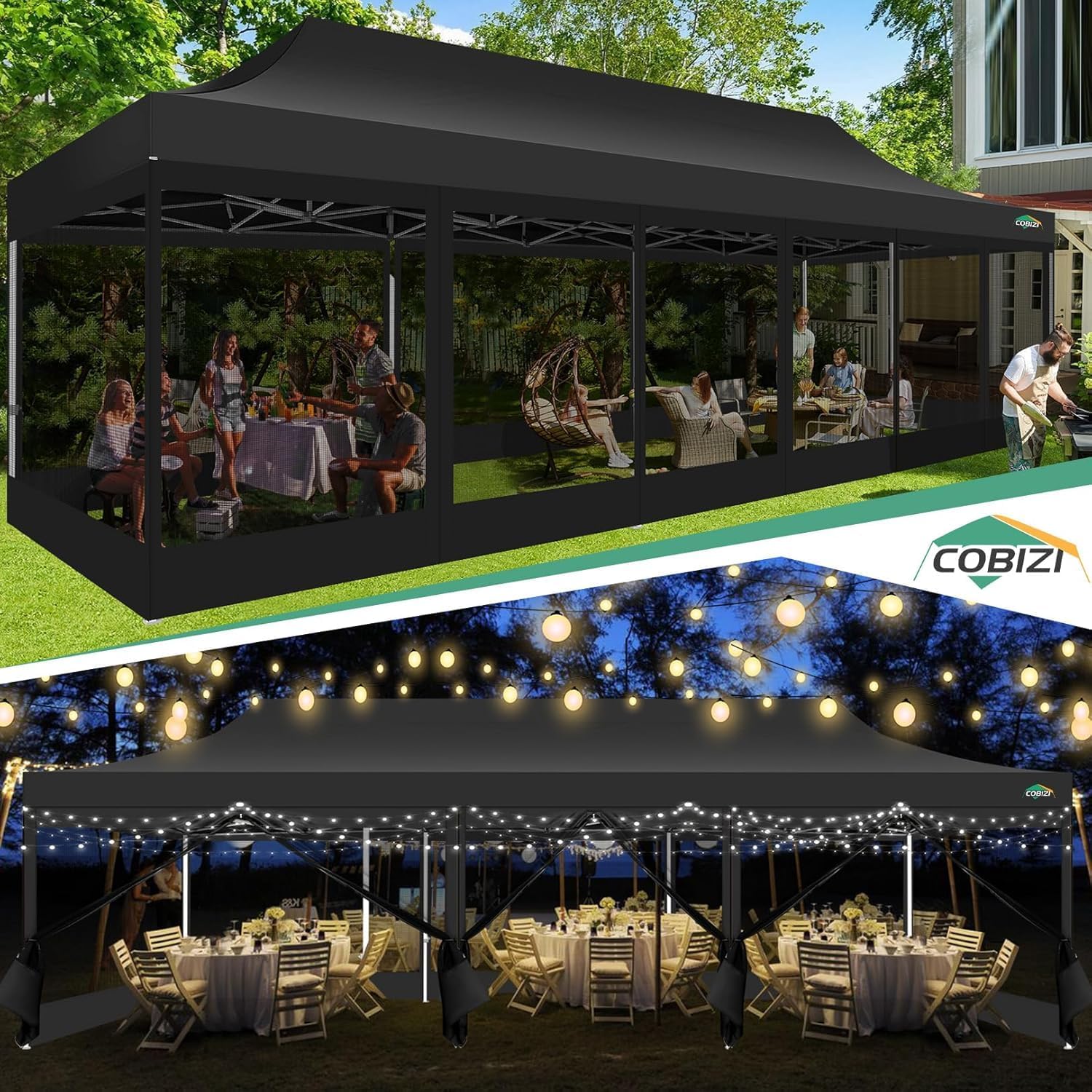 COBIZI 10x30 Pop Up Canopy with Sidewalls, Heavy Duty Canopy with Mosquito Netting, Easy up Screen Party Tents for Parties Backyard Outdoor Commercial Event Gazebo with Roller Bag, Sandbags, Black