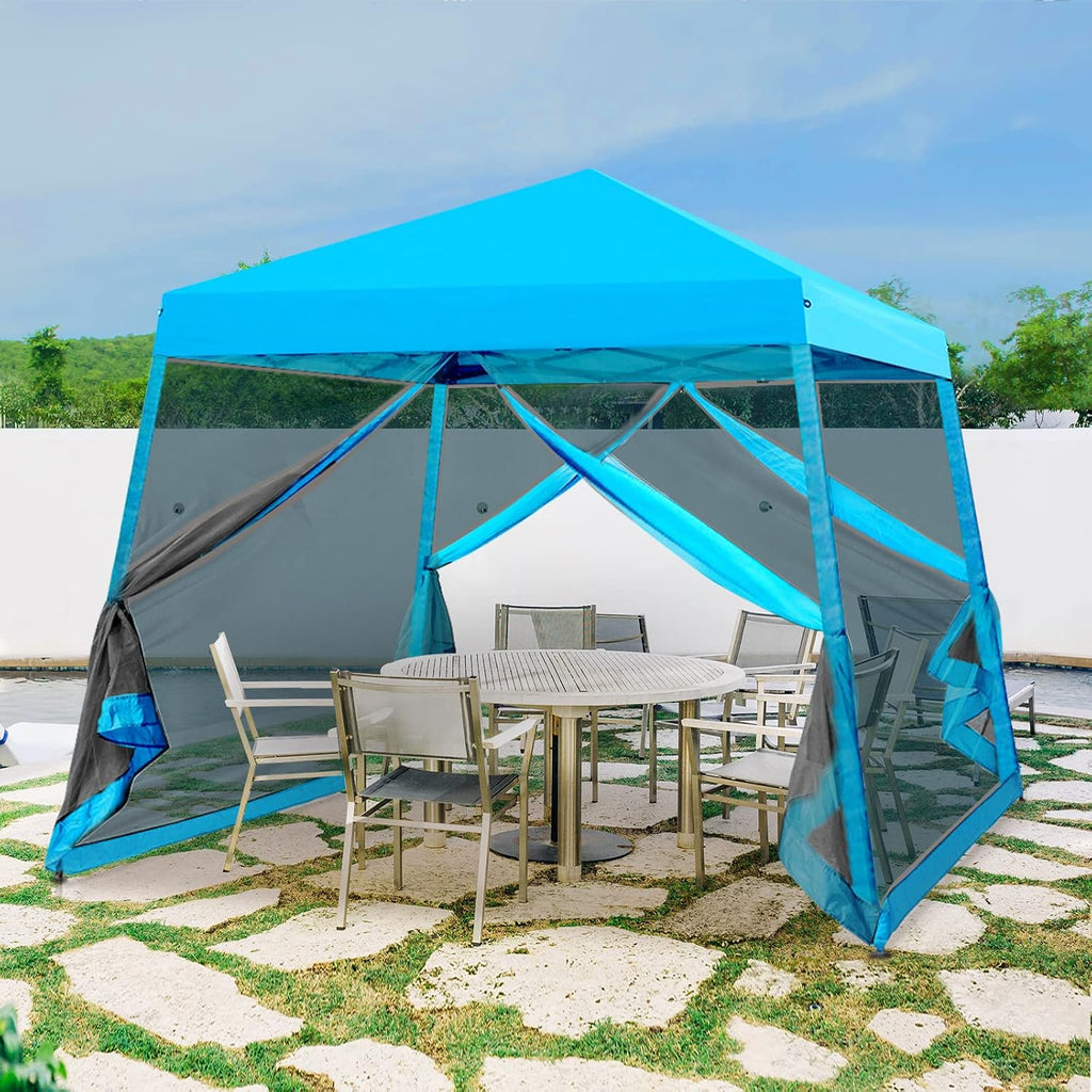10x10 Pop Up Canopy Tent, Slant Leg Instant Screened Gazebo with Mesh Walls, UV Protection, Water Resistant, Light Blue