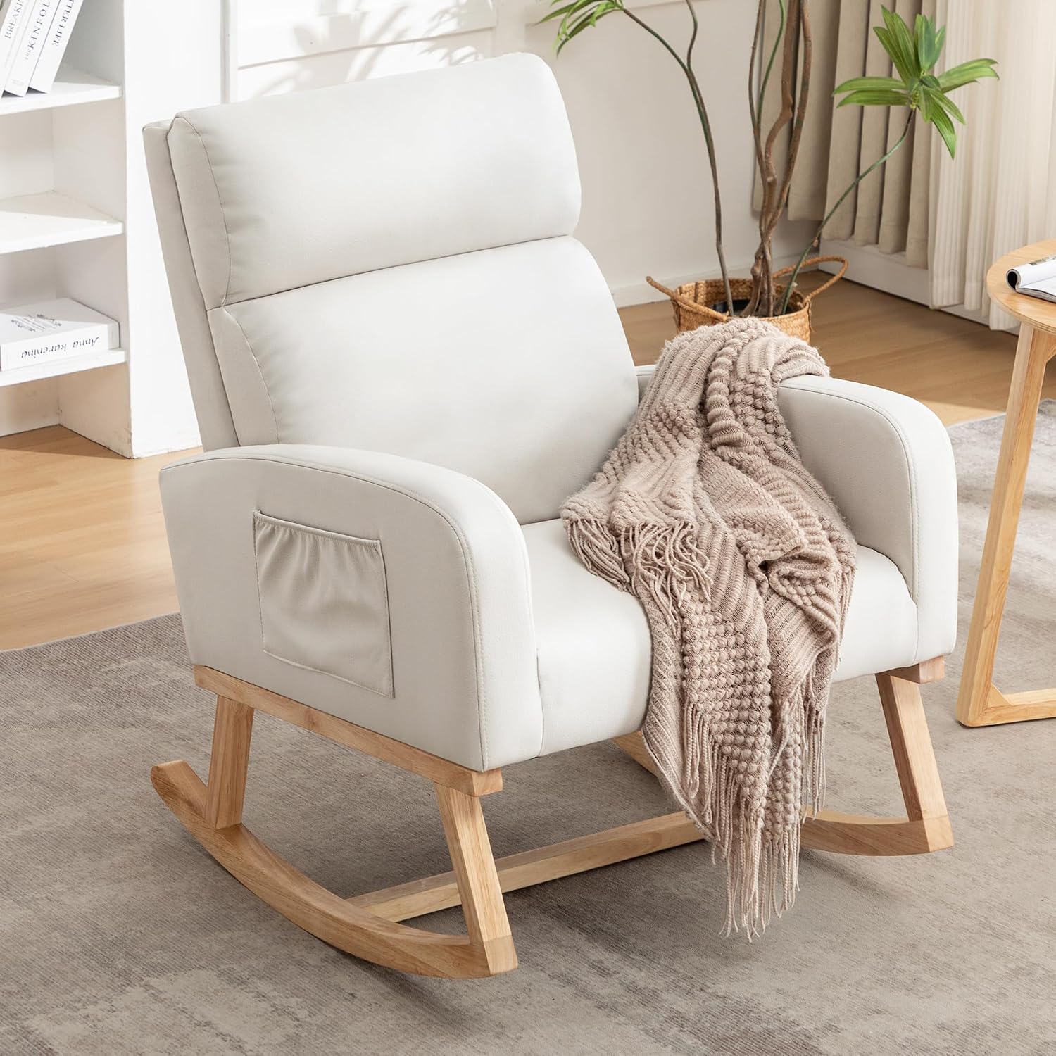 Rocking Chair Nursery, Uplostered Leather Rocker Nursing Chairs with Wood Legs and Side Pocket, Comfortable Glider Roking Chair for Nursery, Living Room, Bedroom, Leather Beige