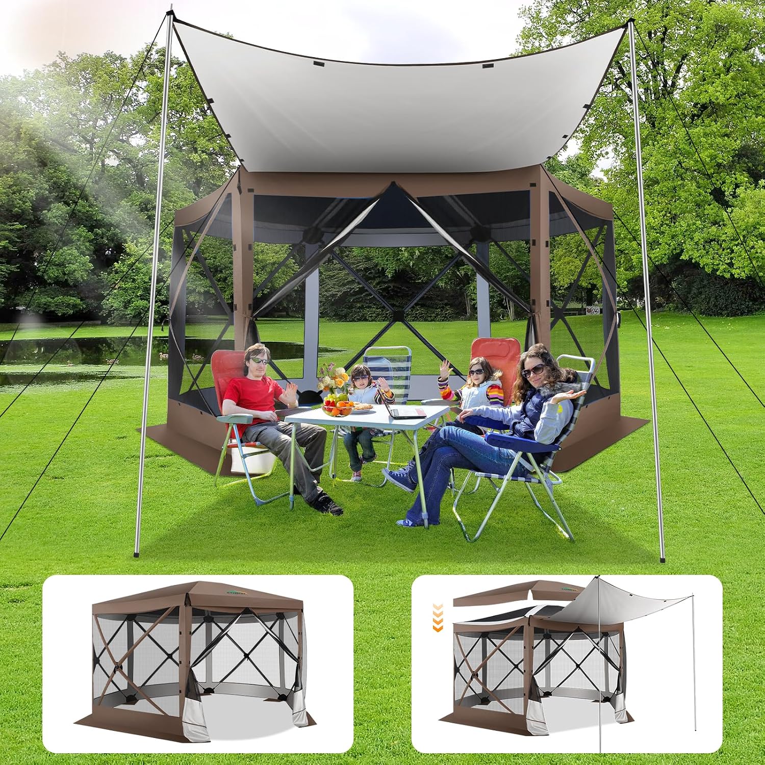 COBIZI Pop Up Gazebo Screen Tent Screen House for Camping, 12x12 Screen Room with Mosquito Netting, Hub Tent Instant Screened Canopy with Carrying Bag and Ground Stakes, Brown