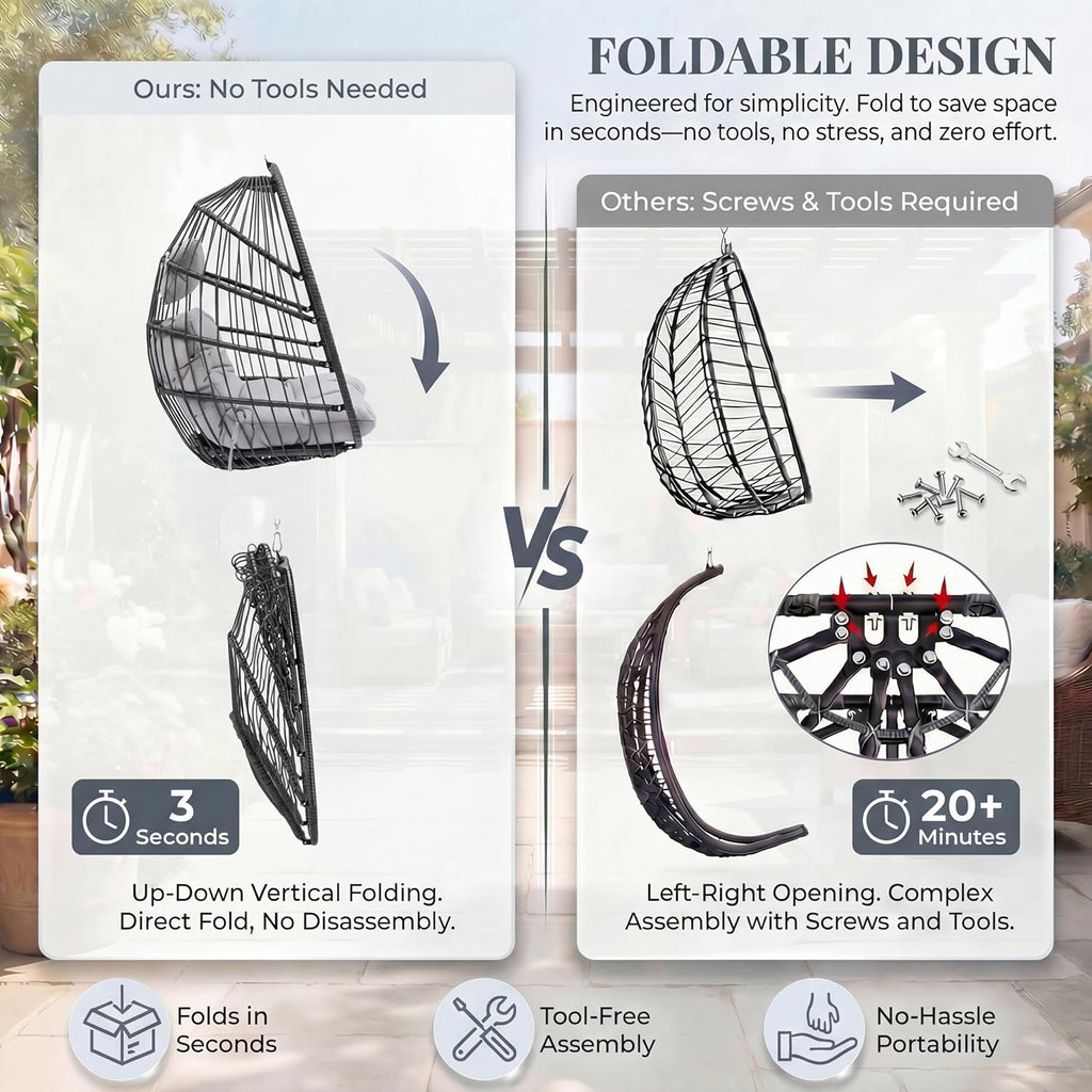 BULEXYARD Hanging Egg Chair Without Stand, 350 Lbs Foldable Wicker Rattan Swing Chair with Comfy Cushion, Outdoor Relaxing Hammock for Bedroom Patio Backyard Balcony Ceiling Tree Mount, Light Grey