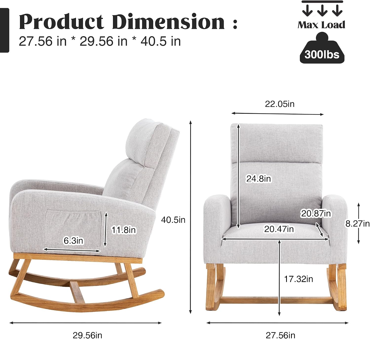 HCHAIRH Rocking Chair Nursery, Nursing Rocking Chairs, Upholstered Nursery Glider Rocker for Mom Nursery Morden Rocking Chair with Side Pocket for Living Room,Bedroom，Light Gray
