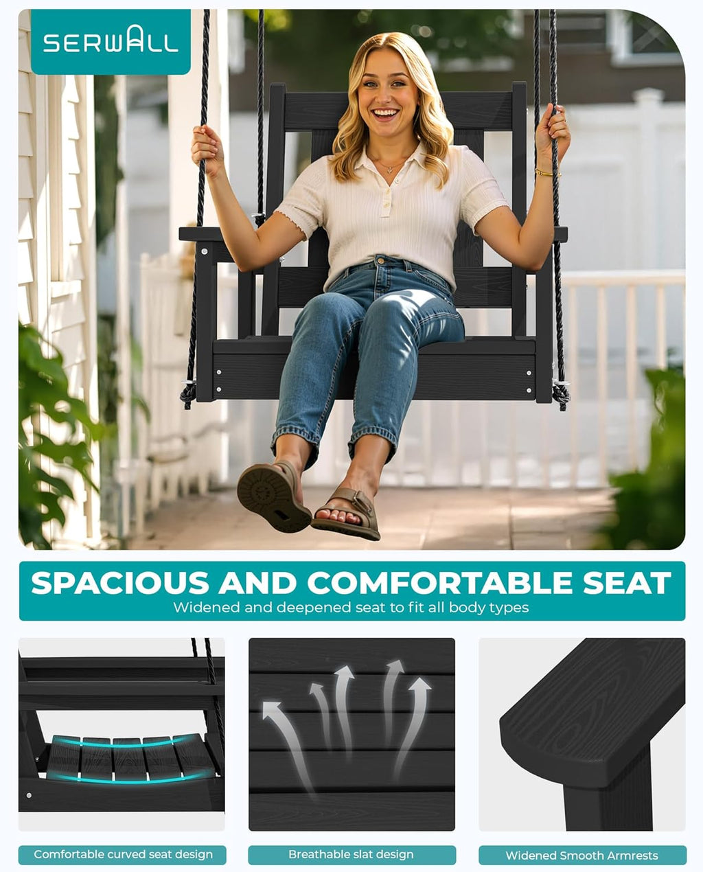 SERWALL HDPE Single Porch Swing, Heavy Duty Single Person Swing Chair with 2 Polypropylene Hanging Ropes, Adirondack Hanging Chair for Outdoor Front Porch Patio Garden Yard, Black