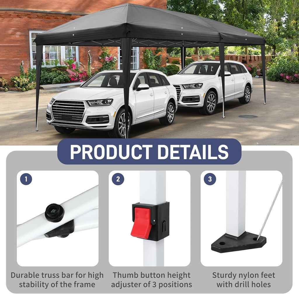 VINGLI 10'x20' Pop Up Canopy Tent with Carry Bag, Portable Instant Party Tent Waterproof Outdoor Canopy for Outdoor Events, Party, Wedding (Black)