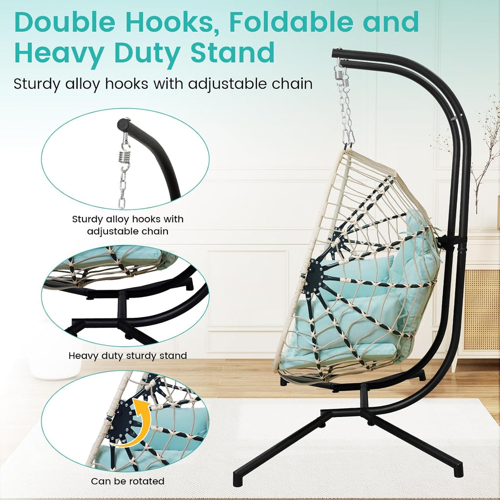 Double Egg Swing Chair with Stand Patio Rattan Wicker Hammock Chairs Outdoor Indoor Egg Swing Chair with Cushion Headrest 550 Lbs Capacity for Bedroom Balcony Garden Porch Backyard, Blue