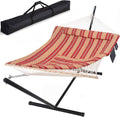 SUNCREAT Hammocks Portable Hammock with Stand, Carrying Bag, Hammock with Stand 2 Person Heavy Duty for Bedroom, Backyard, Patio, Balcony, Red Stripe