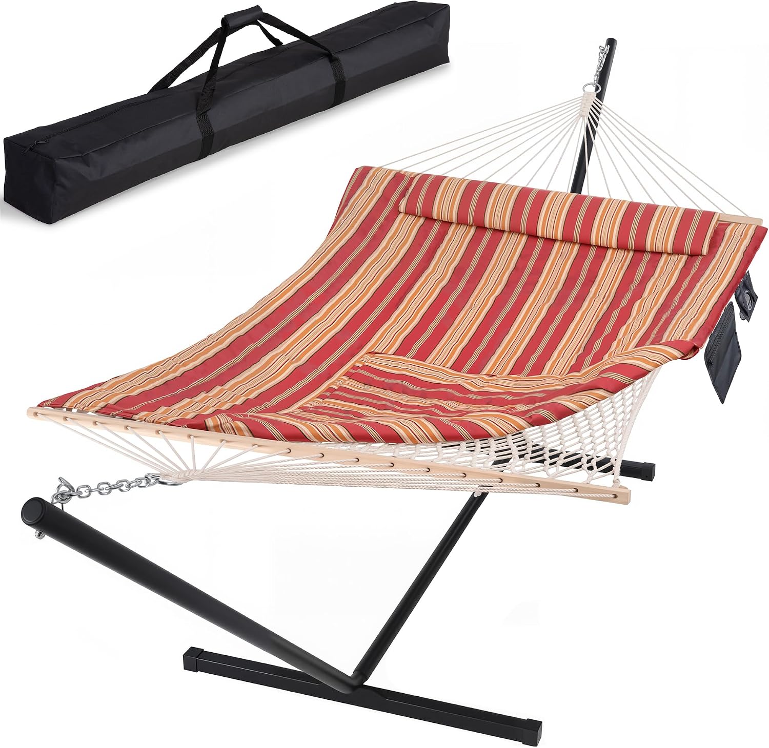 SUNCREAT Hammocks Portable Hammock with Stand, Carrying Bag, Hammock with Stand 2 Person Heavy Duty for Bedroom, Backyard, Patio, Balcony, Red Stripe