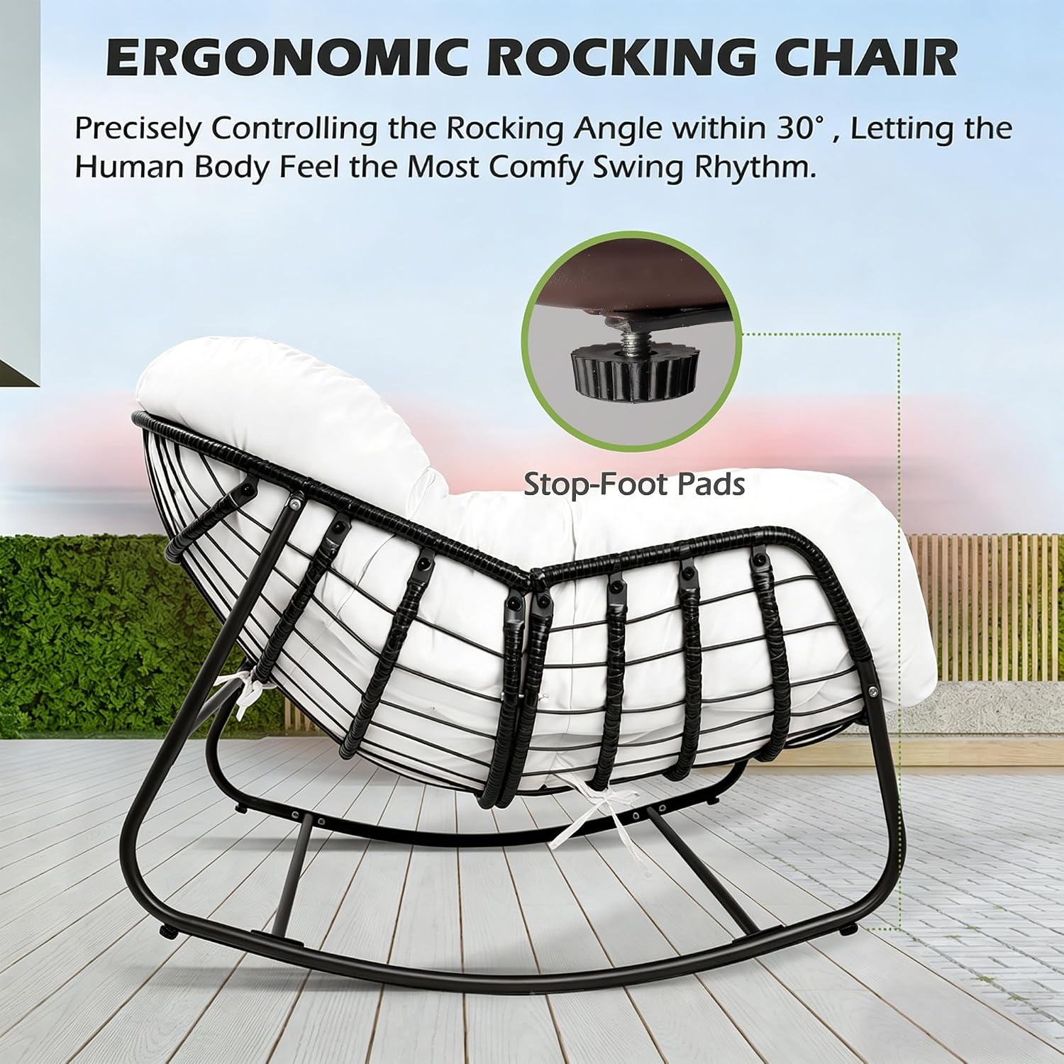 Papasan Rocking Chair, Oversized Papasan Chair with Cushion and Frame for Indoor& Outdoor,Egg-Shaped Patio Rocking Chair for Garden, Deck, Living Room, White