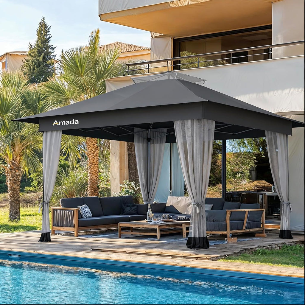 Amada 13x13 Pop Up Gazebo for Backyard & Patio Furniture,Gazebos on Clearance with Wheeled STO-N-Go Cover Bag,Carpa Pop Up Tent Party Tent and Shelter with Mosquito Netting for Lawn,Garden,Deck,Grey