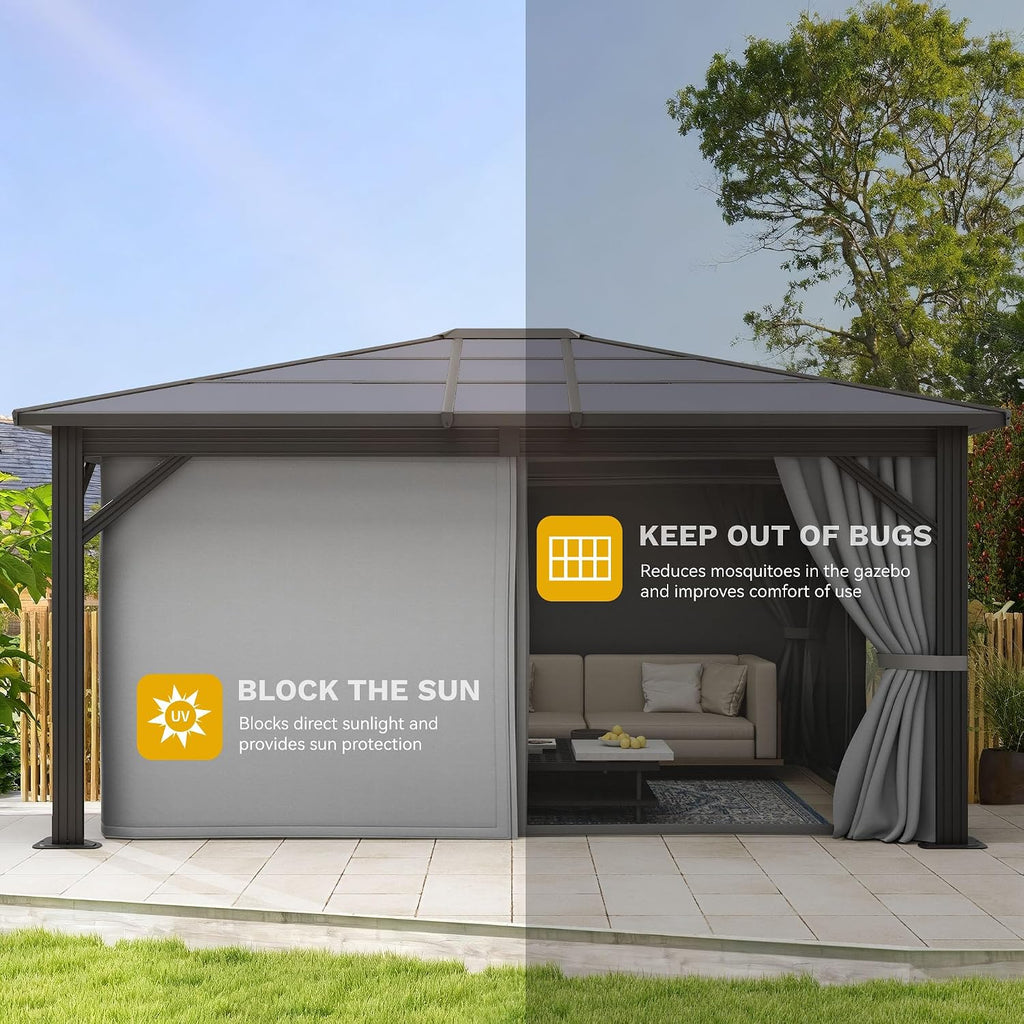 DWVO 10x12ft Gazebo Hardtop Single Roof Polycarbonate Canopy Outdoor with Netting and Shaded Curtains, Metal Frame Garden Tent for Patio, Backyard, Deck and Lawns, Gray