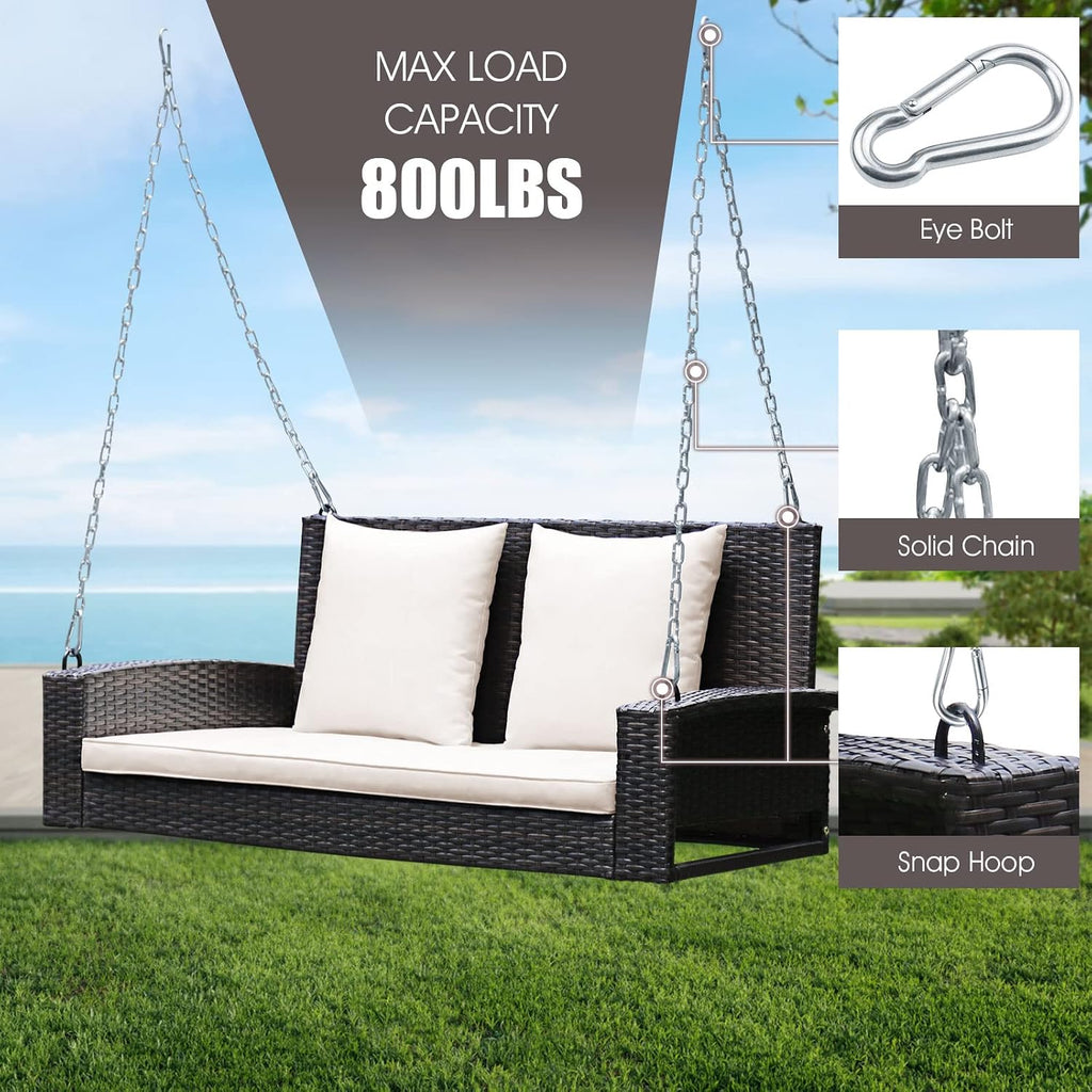 Tangkula 2-Person Wicker Porch Swing, Patiojoy Outdoor Rattan Hanging Swing Bench W/ 2 Back Cushions & 1 Seat Cushion, Sturdy Steel Chain, 800lbs Weight Capacity
