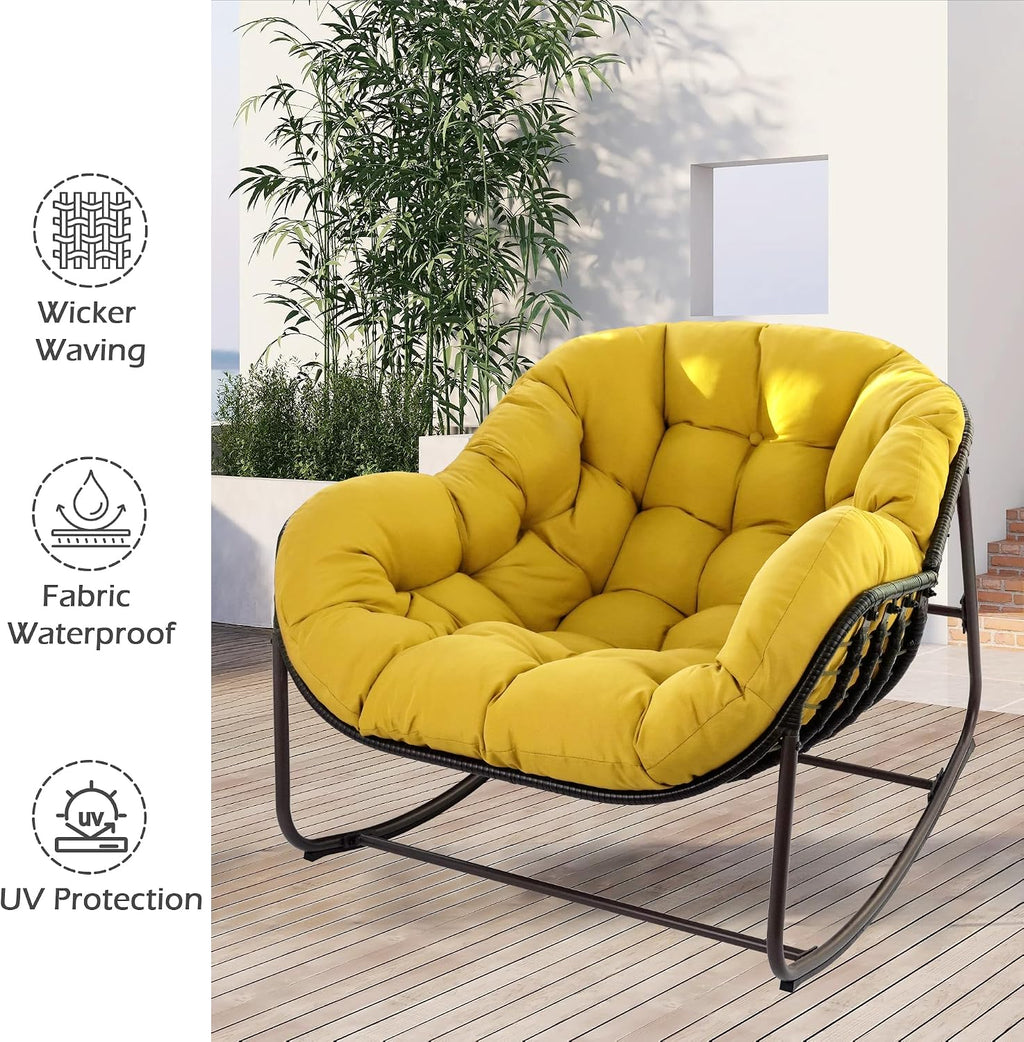 Papasan Rocking Chair, Oversized Papasan Chair with Cushion and Frame for Indoor& Outdoor,Egg-Shaped Patio Rocking Chair for Garden, Deck, Living Room, Yellow