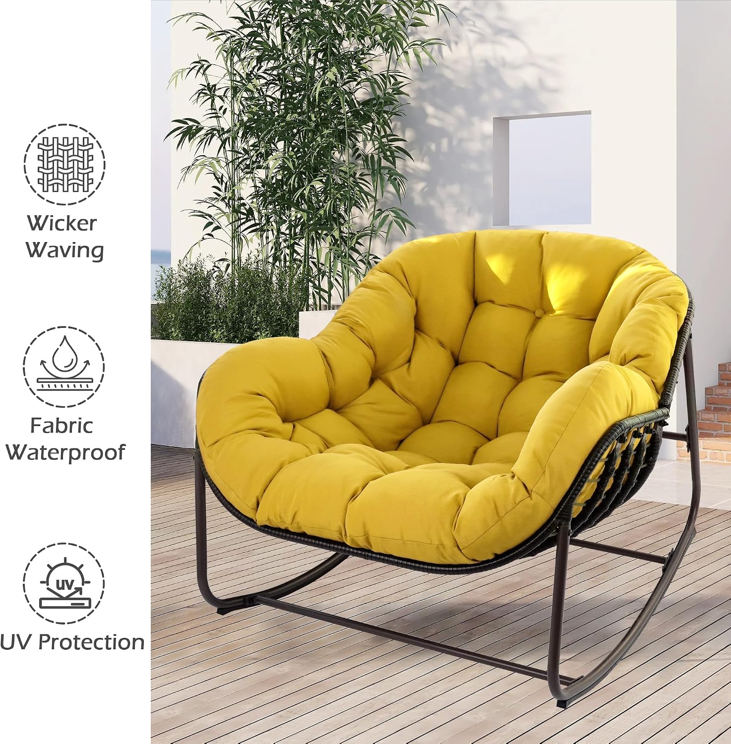 Papasan Rocking Chair, Oversized Papasan Chair with Cushion and Frame for Indoor& Outdoor,Egg-Shaped Patio Rocking Chair for Garden, Deck, Living Room, Yellow