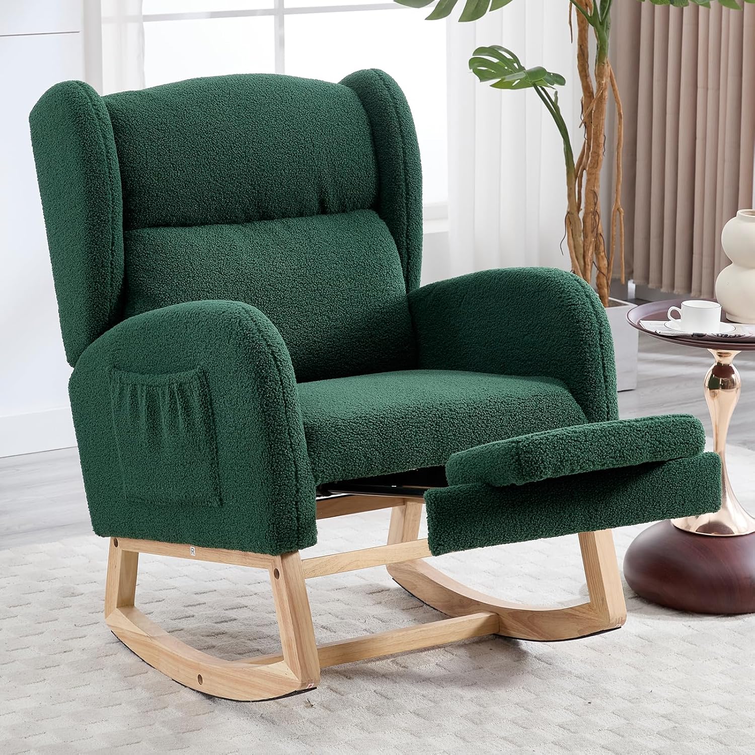 NIOIIKIT Nursery Rocking Chair with Footrest, Teddy Upholstered Glider Chair, Nursery Gliding Recliner with Side Pocket, Glider Rocker for Living Room (Green Teddy)