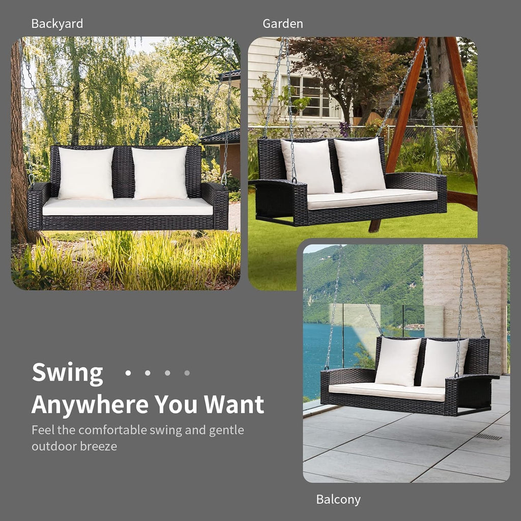 RELAX4LIFE 2-Seat Rattan Porch Swing, Wicker Outdoor Swings w/7.9 Ft Solid Metal Chain, Back & Seat Cushions for Garden Backyard, 800LBS Max Load, 2-Person Patio Swing, Beige & Black Cushion Covers