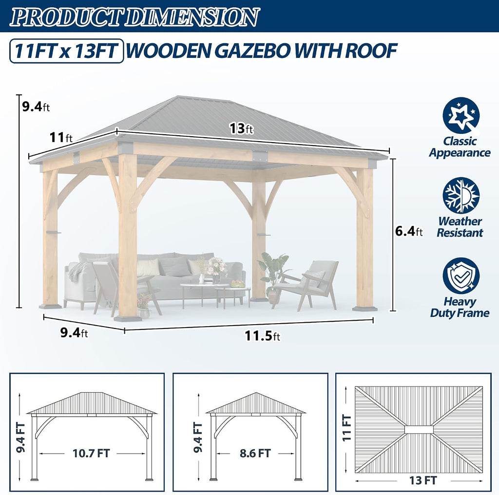 COVERONICS 11' x 13' Wooden Gazebo with Galvanized Steel Roof, Outdoor Spruce Wood Patio Gazebo, Heavy-Duty Hardtop Gazebo for Garden, Poolside, Deck & Backyard