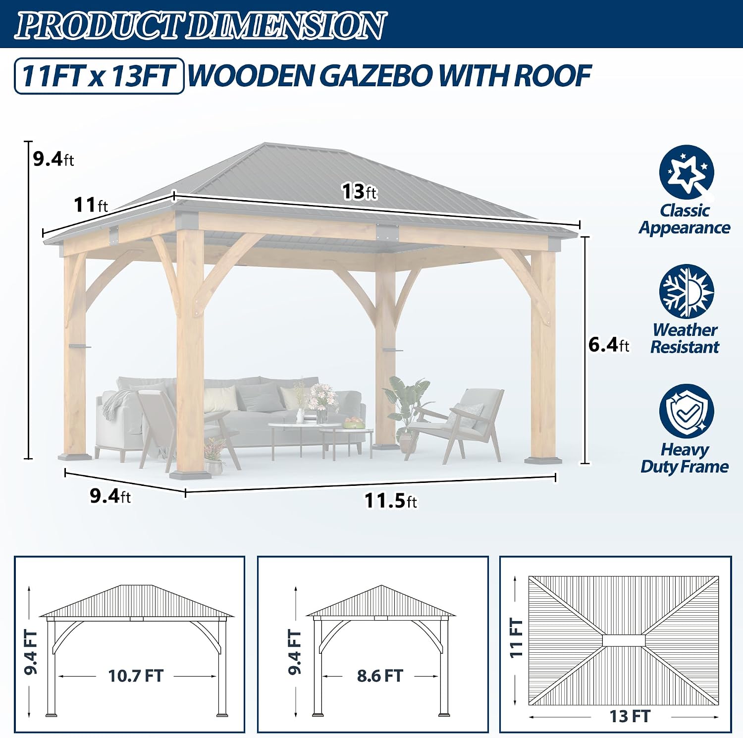 COVERONICS 11' x 13' Wooden Gazebo with Galvanized Steel Roof, Outdoor Spruce Wood Patio Gazebo, Heavy-Duty Hardtop Gazebo for Garden, Poolside, Deck & Backyard