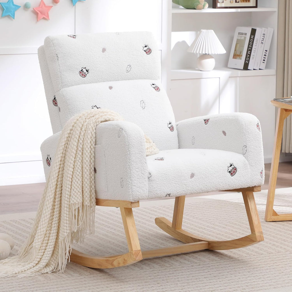HCHAIRH Rocking Chair Nursery, Sherpa Nursing Rocking Chairs, Upholstered Nursery Glider Rocker for Mom Nursery Morden Rocking Chair with Side Pocket for Living Room,Bedroom,Teddy White Cow Printed