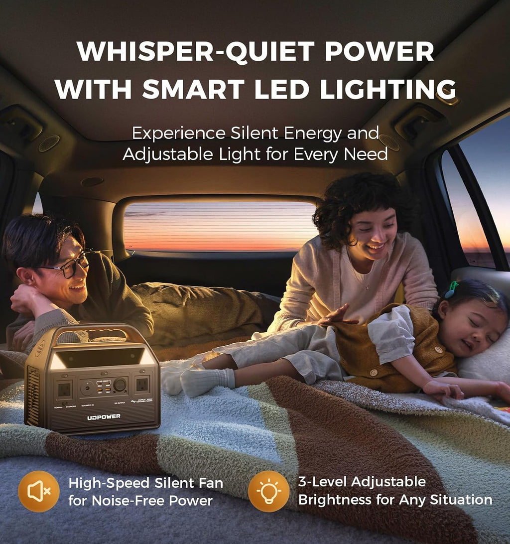 UDPOWER C600 Solar Generator with 120W Solar Panel - 600W Portable Power Station(Surge 1200W) AC Output, 595Wh LiFePO4 Battery, for Camping, Travel, RV, Emergency Power Backup(Brown)
