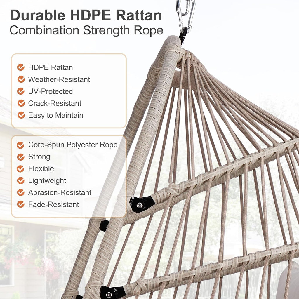 Foldable Hanging Egg Chair with Stand and Pillow, HDPE Rattan and Heavy Duty Aluminum-Steel Frame, Outdoor Patio Wicker Swing Egg Chair with Headrest and Cushioned, 350 Lbs Capacity (Beige)