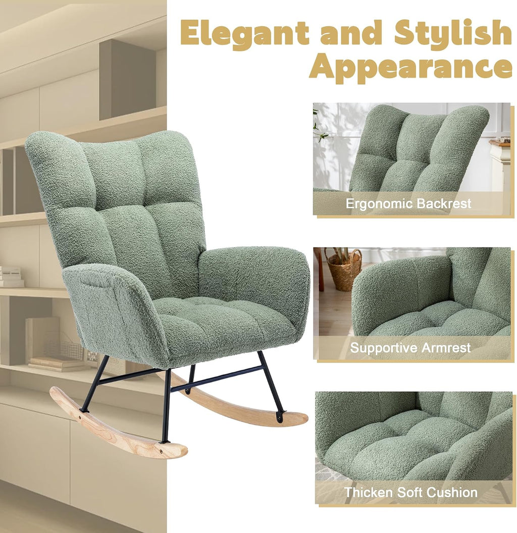Nursery Rocking Chair Teddy Upholstered Glider Rocker Rocker Accent Chair with High Backrest Armchair Comfy Side Pocket Modern Rocking Accent Chairs for Living Room, Nursery, Office-Green