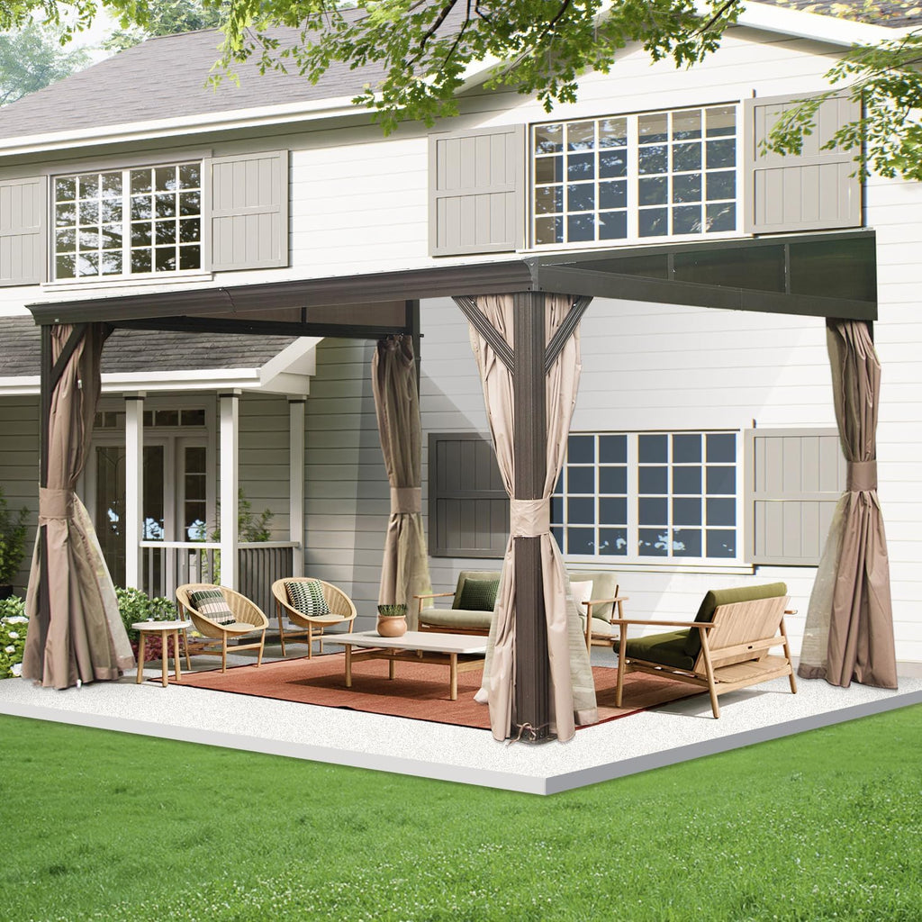 Domi 12x14FT Wall-Mounted Hardtop Gazebo, Aluminum Lean to Gazebo with Galvanized Steel Sloping Roof, Curtains & Netting for Outdoor Patio, Deck, Backyard, Garden Parties