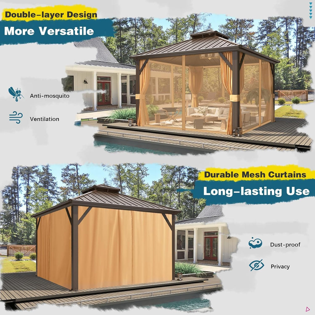 MELLCOM 12'x12' Hardtop Gazebo, Metal Double Roof Aluminum Gazebos with Curtain and Netting,Brown Permanent Galvanized Steel Pavilion for Patio, Lawn & Deck