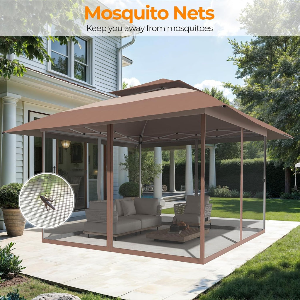 11x11 Pop Up Gazebo Outdoor Canopy Shelter with 4 Sandbags, Instant Patio Gazebo Sun Shade Canopy Tent, Double Tiers & Mesh Netting for Lawn, Garden, Backyard & Deck, Coffee