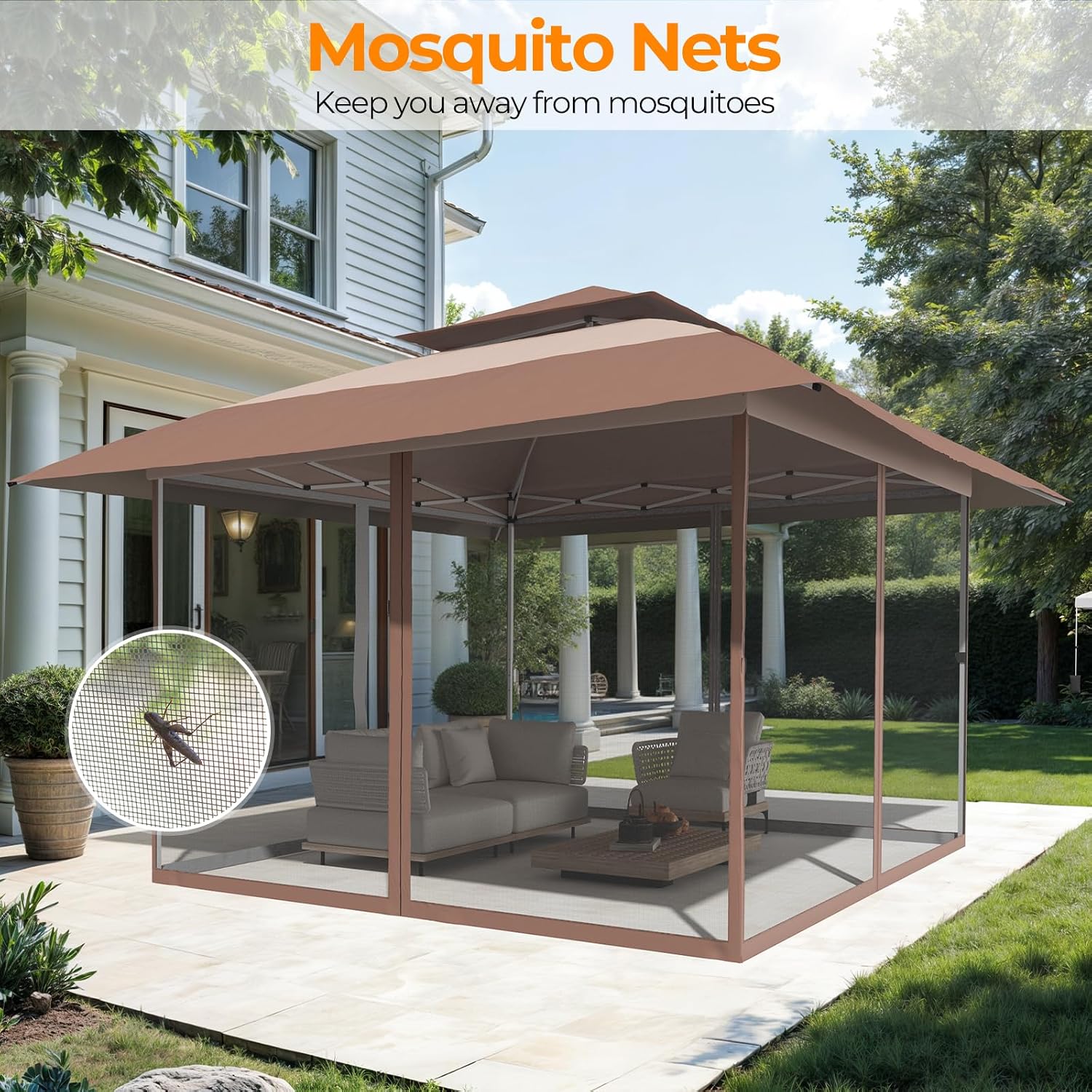 11x11 Pop Up Gazebo Outdoor Canopy Shelter with 4 Sandbags, Instant Patio Gazebo Sun Shade Canopy Tent, Double Tiers & Mesh Netting for Lawn, Garden, Backyard & Deck, Coffee