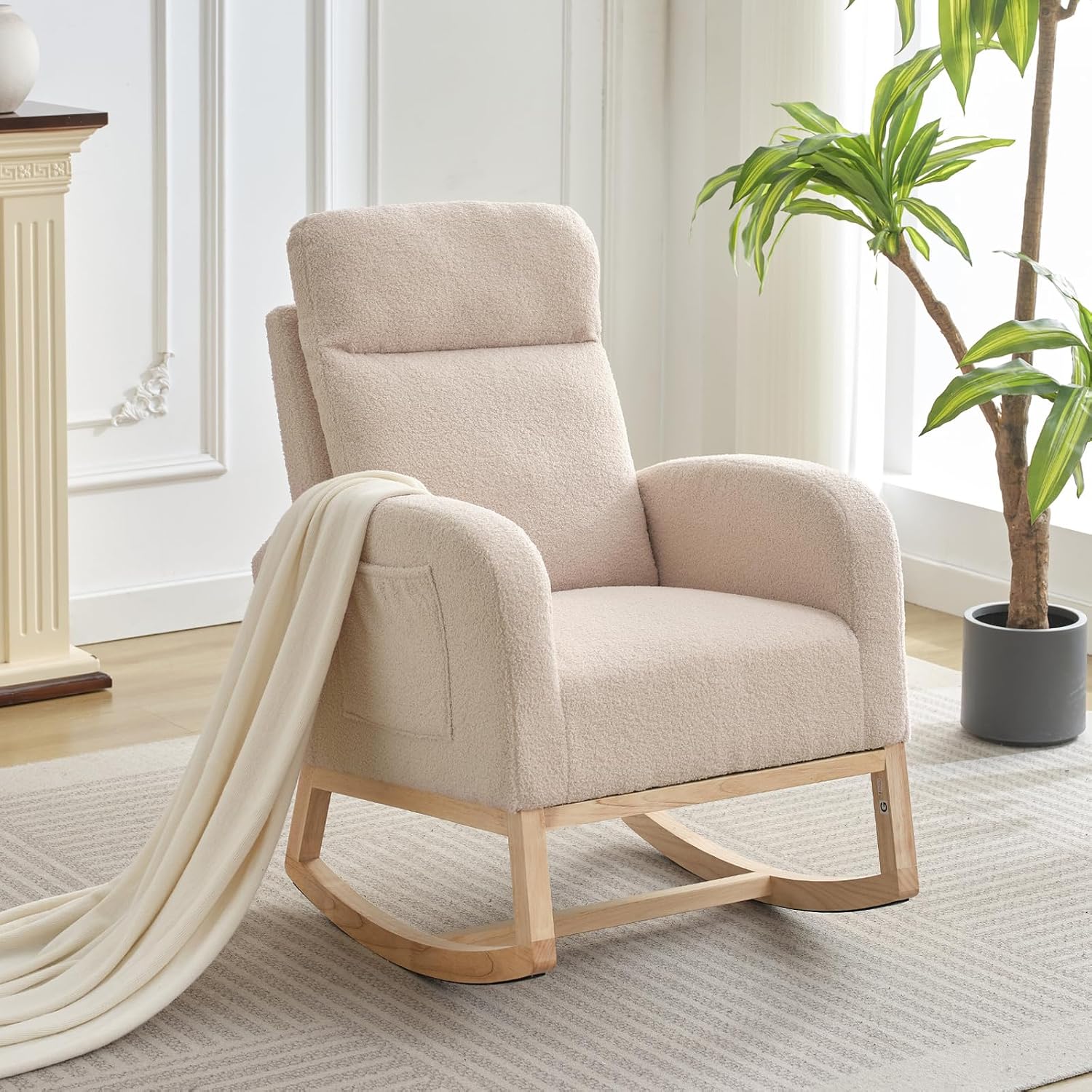 GarveeHome Rocking Chair Nursery,Glider Chair Nursery Chair with High Back and Side Pocket, Rocking Accent Armchair with Rubber Wood Legs for Living Room/Bedroom/Nursery