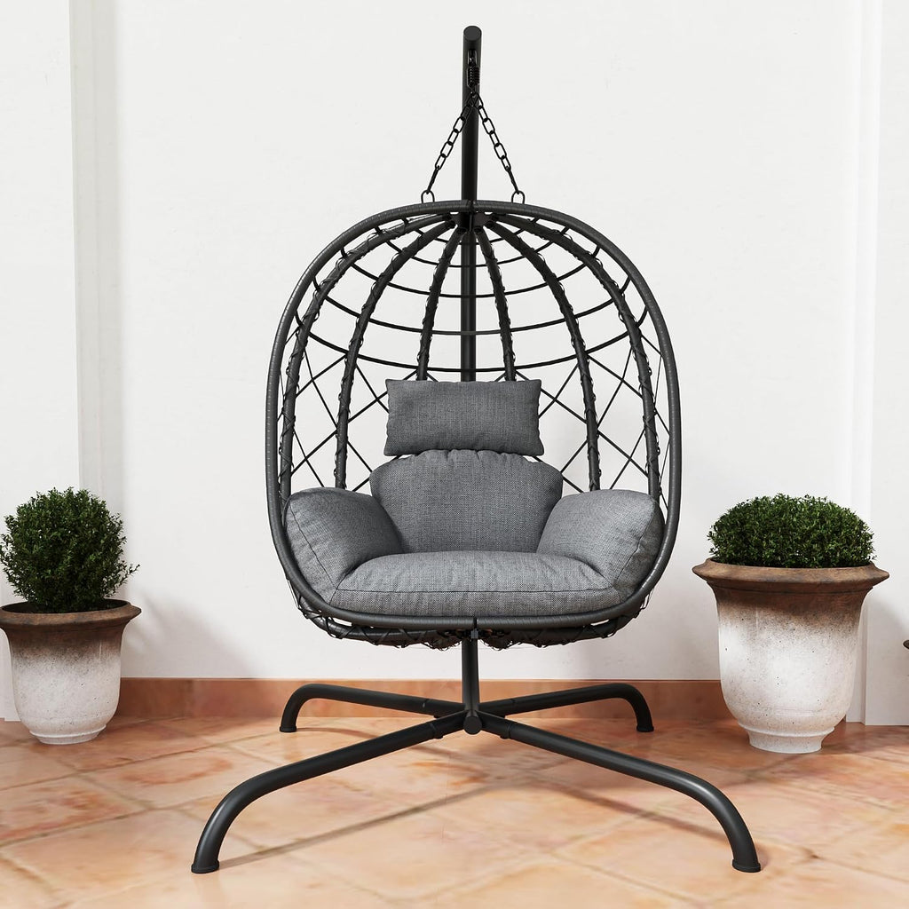 Hanging Egg Chair with Stand Patio Wicker Rattan Swing Chair Hammock Egg Chair for Indoor & Outdoor 400lbs Capacity with Thickened Cushion for Bedroom Balcony Garden