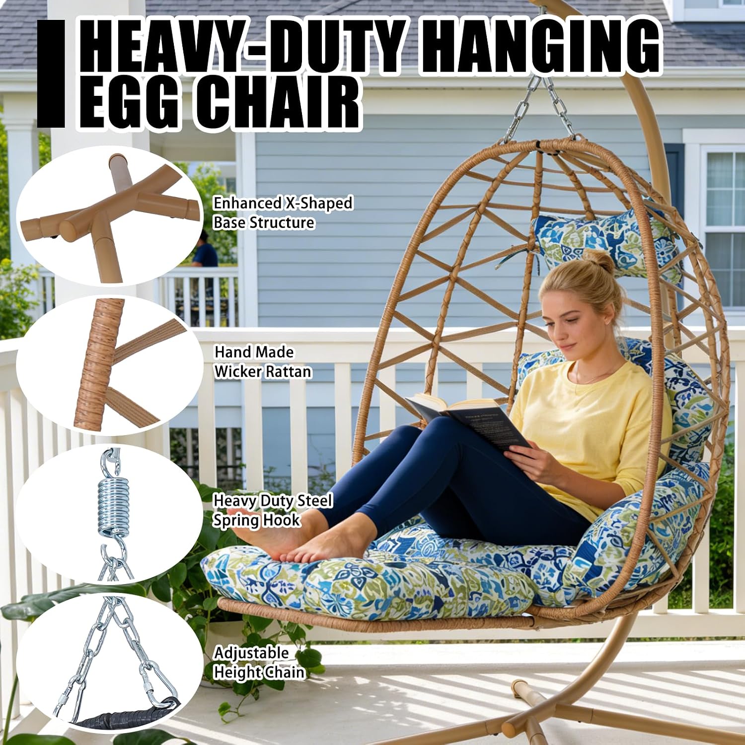 Hanging Egg Chair with Stand & Leg Rest,Rattan Wicker Swing Chair with Cushion,Patio Basket Hanging Chair Wicker Hammock Chair for Indoor Outdoor Bedroom Garden,300LBS (Yellow Rattan&Floral Cushion)