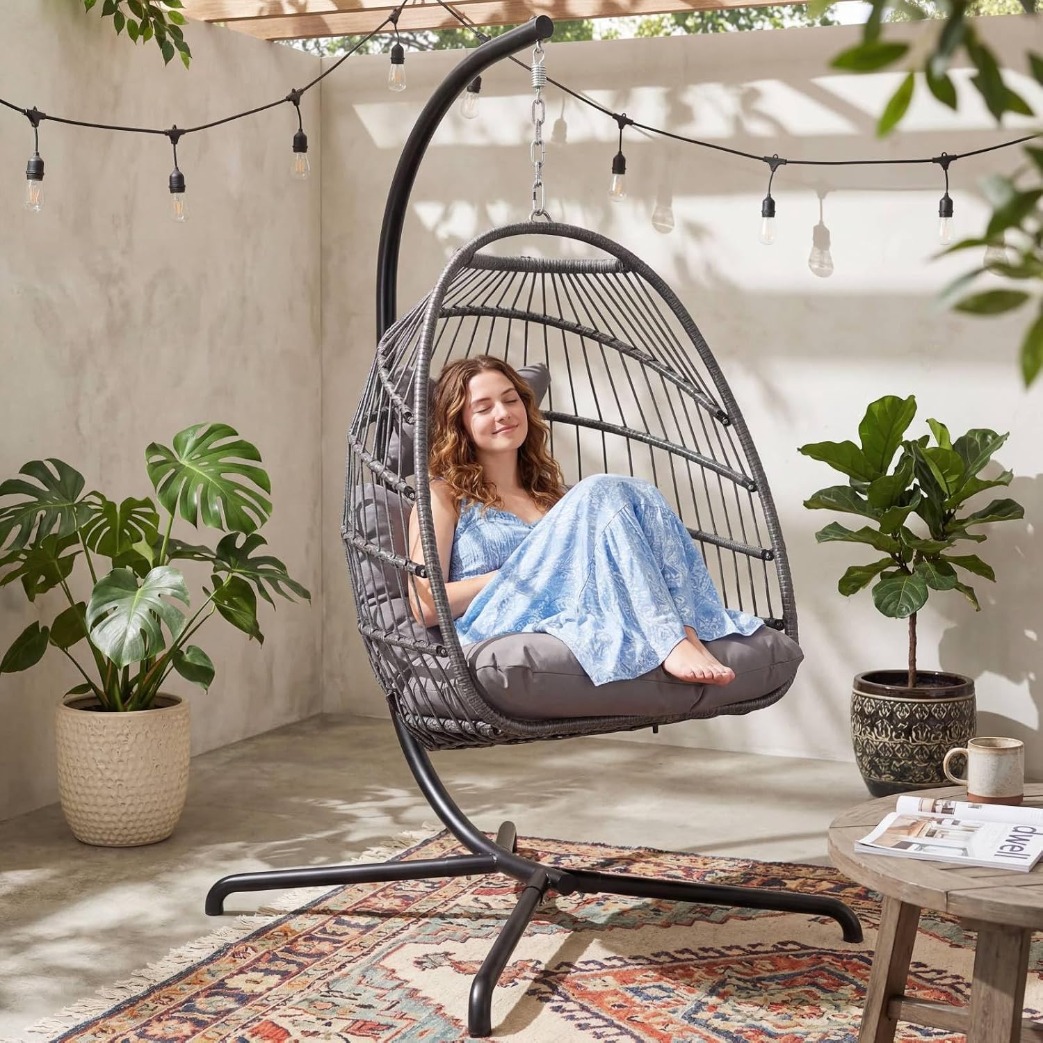 BULEXYARD Outdoor Egg Swing Chair with Stand, 350 Lbs Heavy-Duty Rattan Hammock Hanging Wicker Patio Chair with Cushion, Comfy Eggshell Basket for Indoor Bedroom Balcony Garden Porch, Dark Grey