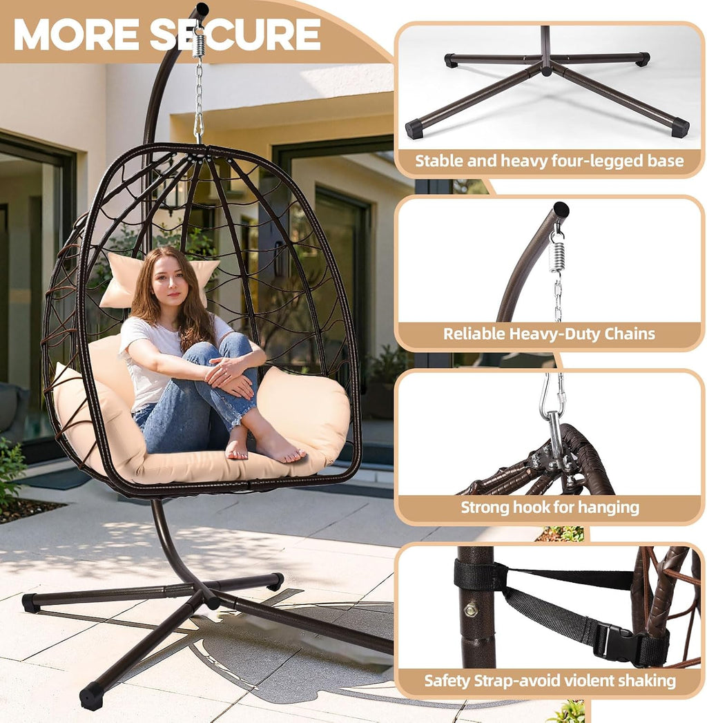 Egg Chair with Stand Outdoor Ratten Wicker Hanging Egg Chair Outdoor Indoor with Thickened Cushion Swing Chair Hammock for Patio Apartment Bedroom Garden Balcony (Brown Wicker+Khaki Cushion)