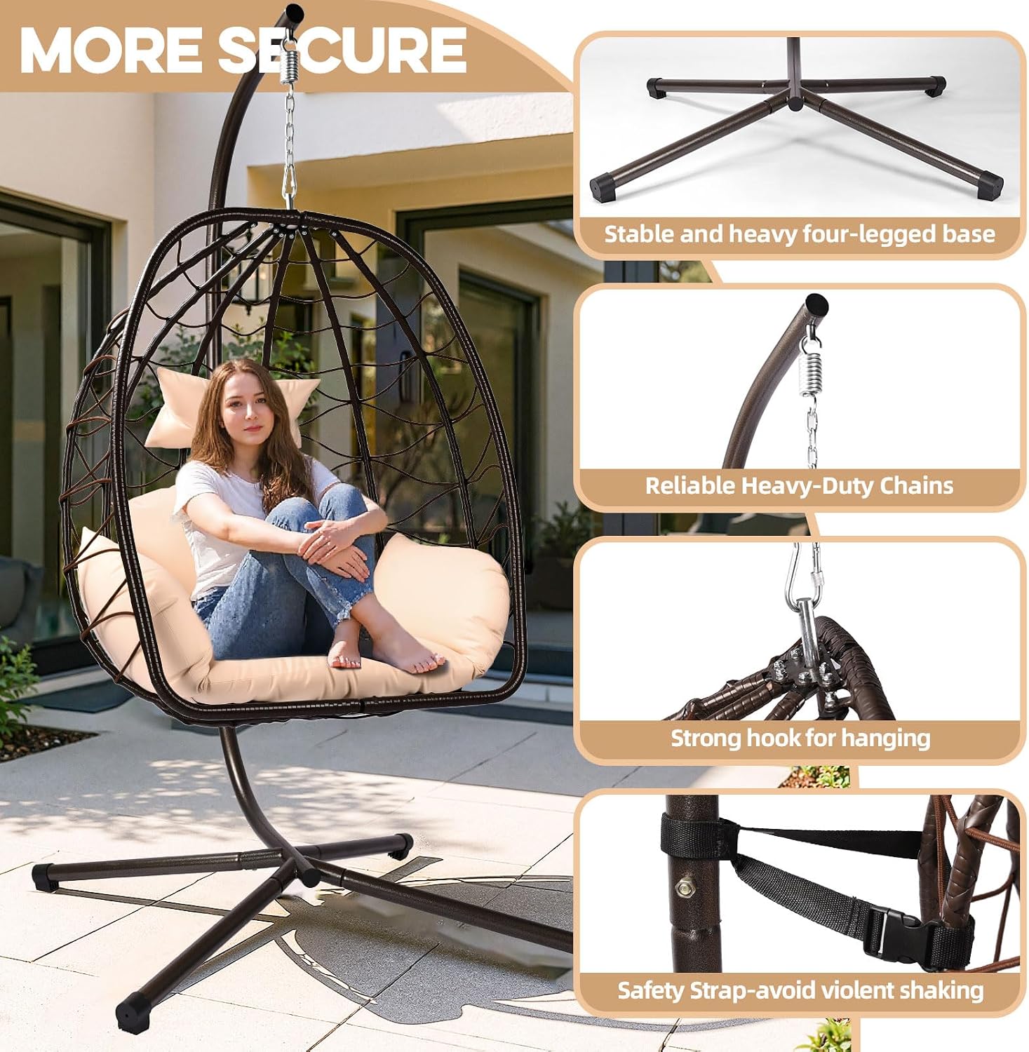 Egg Chair with Stand Outdoor Ratten Wicker Hanging Egg Chair Outdoor Indoor with Thickened Cushion Swing Chair Hammock for Patio Apartment Bedroom Garden Balcony (Brown Wicker+Khaki Cushion)