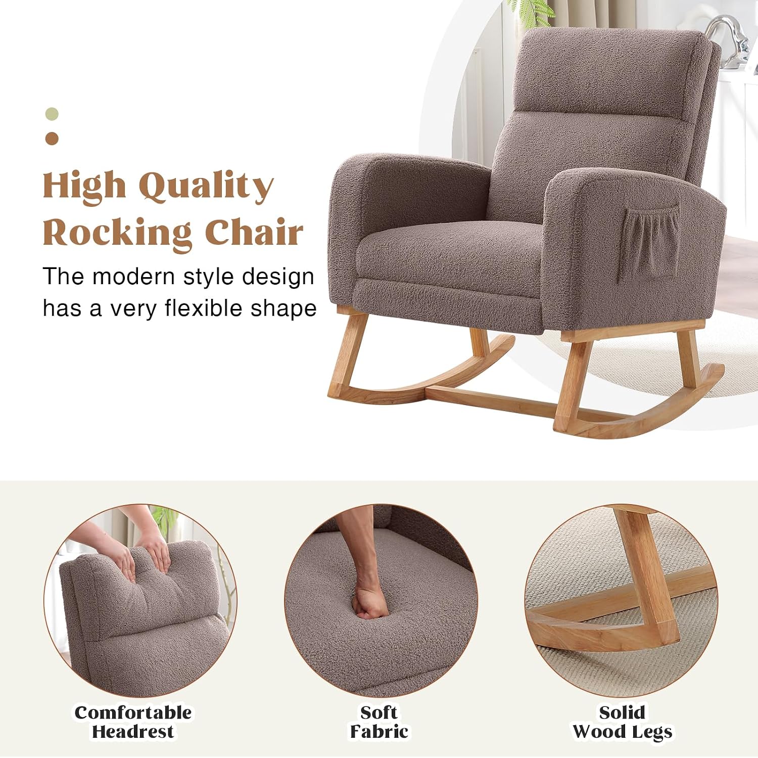 HCHAIRH Rocking Chair Nursery with Foot Rest, Nursing Rocking Chairs for Mom Nursery, Teddy Rocker Glider with High Backrest for Living Room, Bedroom, Coffee