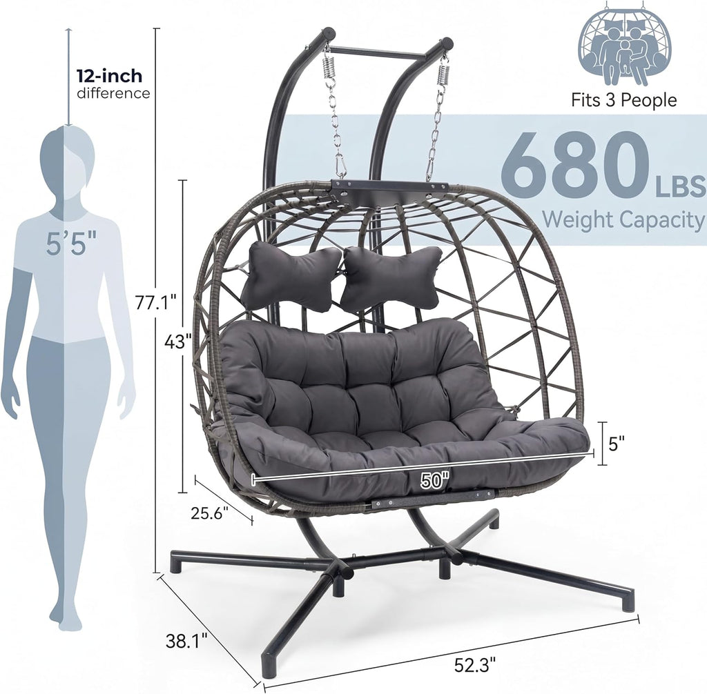 NICESOUL Double Egg Chair Outdoor Indoor, Oversized Swing w/Stand for 2, All-Weather Rattan Hanging Loveseat Cozy, Patio Swinging Seat w/Cushion & Cover for Living Room, Porch, Dark Gray