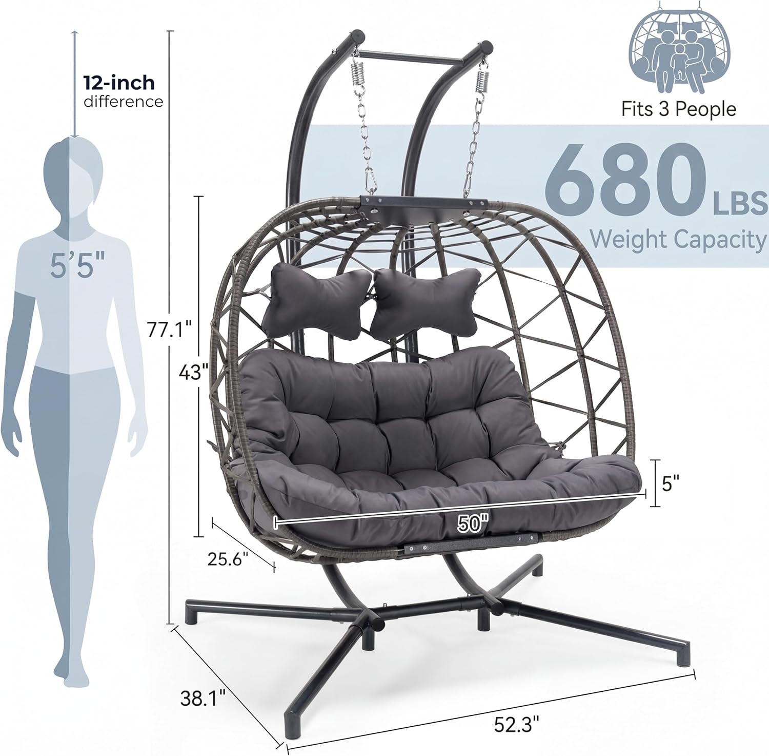 NICESOUL Double Egg Swing Chair with Stand, Oversized 2-Person Indoor Outdoor Hanging Hammock Chairs with Cushion, Wide and Large Comfy Loveseat, Sturdy Porch Swings for Outside, Dark Gray