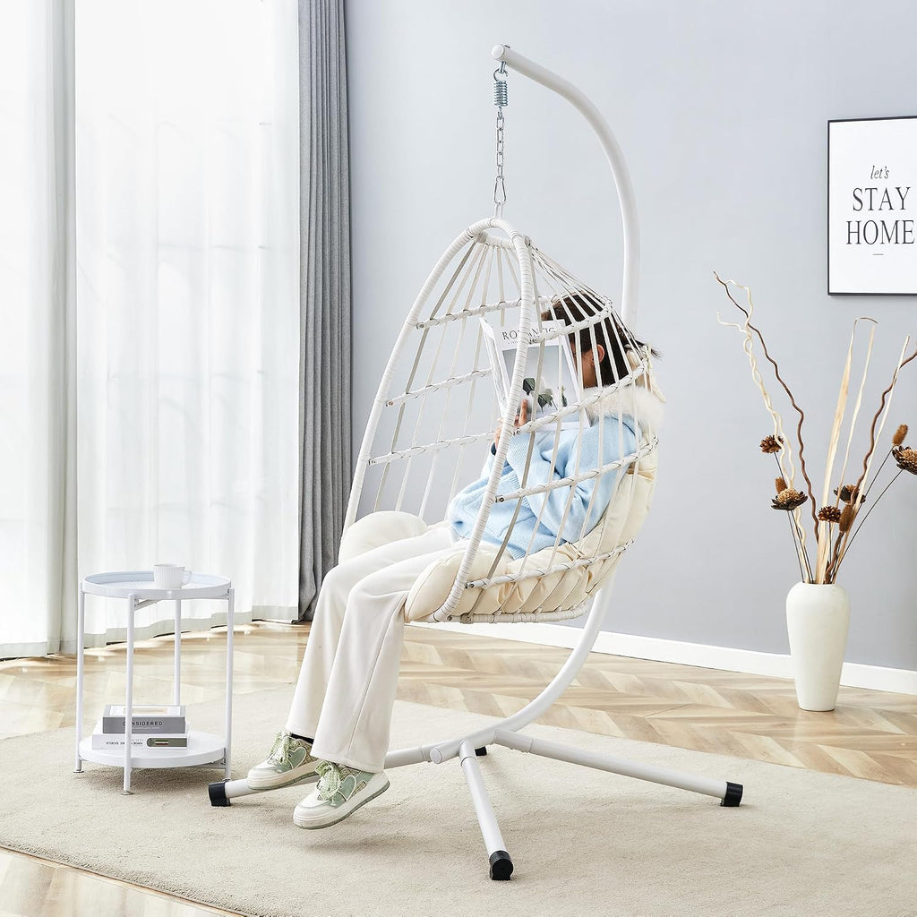 Egg Chair with Stand – Faux Rattan Wicker Hanging Hammock Chair, Soft Cushions & Pillow, Titanium Alloy Frame, UV-Resistant, All-Weather, Easy Assembly, 350 lbs Capacity for Patio, Garden, Balcony