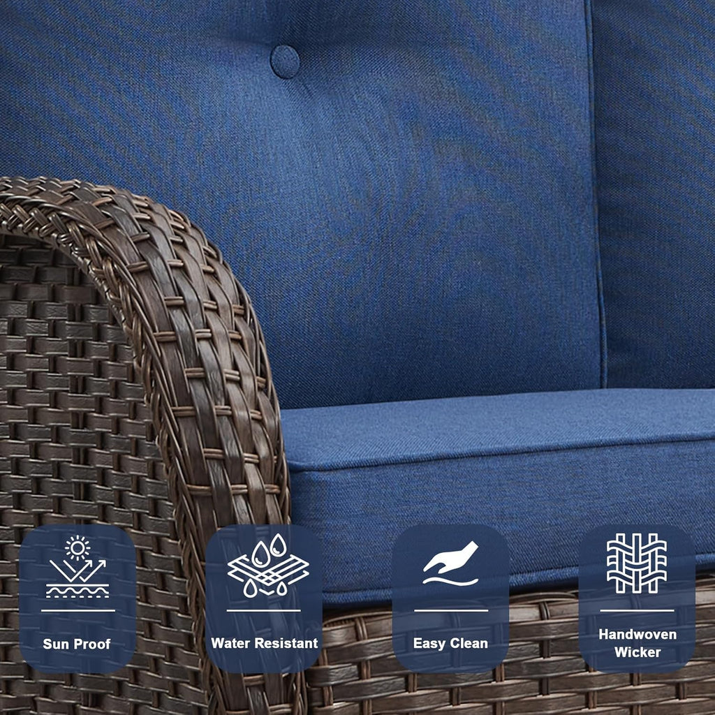 Belord Patio Rocking Chairs Furniture Set of 6, Outdoor Wicker Furniture Sets with Wicker Rocker, Small Patio Conversation Sets with Outdoor Couch Ottomans Brown/Blue