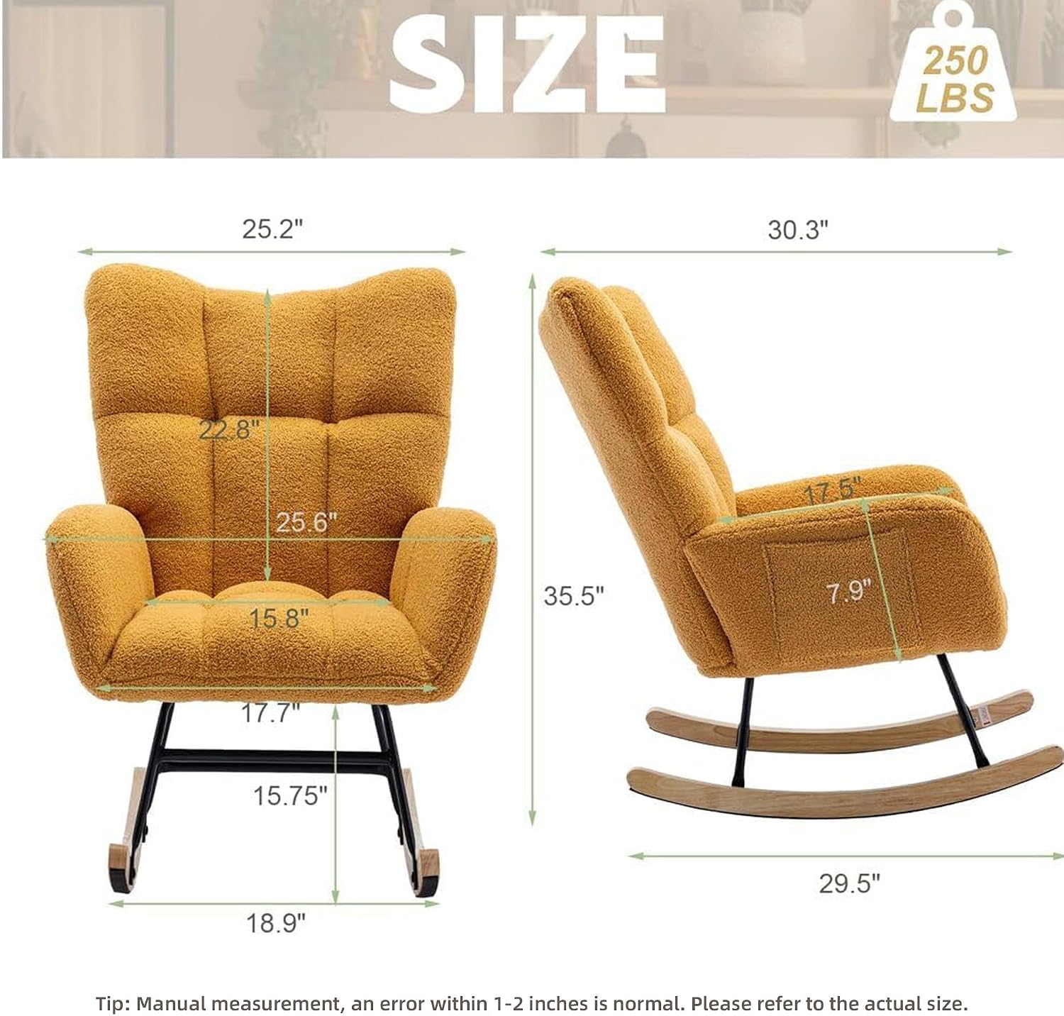 Nursery Rocking Chair Teddy Upholstered Glider Rocker Rocking Accent Chair with High Backrest Armchair Comfy Side Chair for Living Room, Bedroom, Offices (Turmeric)