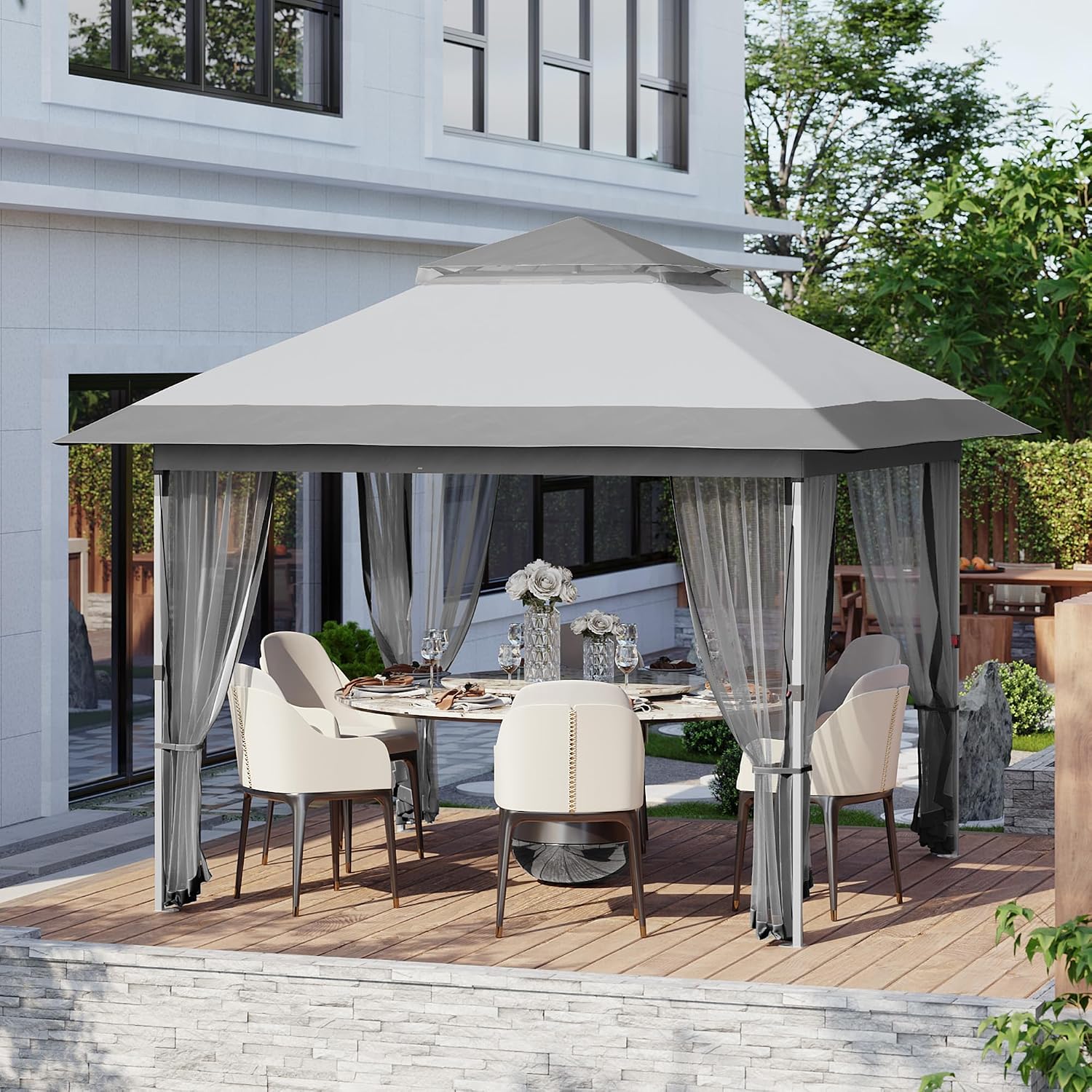 Garvee 10x10 ft Instant Pop Up Gazebos,Modern Waterproof Canopy Tent with Mosquito Netting,Outdoor Canopy Shelter with Wheeled Carry Bag for Patio/Garden/Backyard/Party-All-Weather&All Season(White)