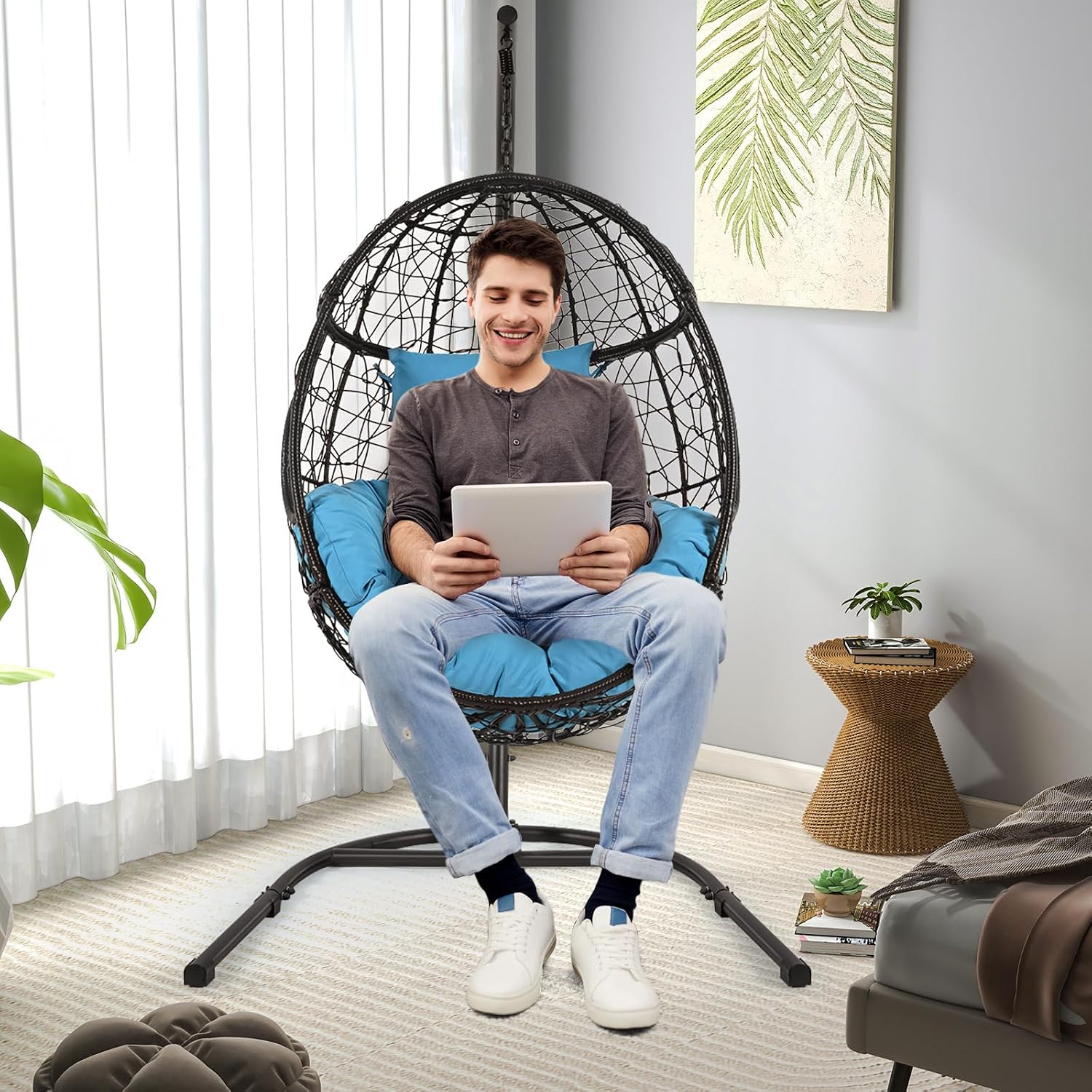 Tangkula Egg Chair with Stand, Hanging Egg Swing Chair with Removable Seat Cushion & Headrest, All-Weather Indoor Outdoor Hanging PE Wicker Egg Chairs for Outside, Balcony, Bedroom (Turquoise)