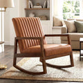 VESCASA Brown Faux Leather Rocking Chair with Channel-Tufted Back, Mid-Century Modern Comfy Rocker with Walnut Wood Frame for Nursery Living Room Bedroom Indoor, Burnt Orange Upholstered Chair