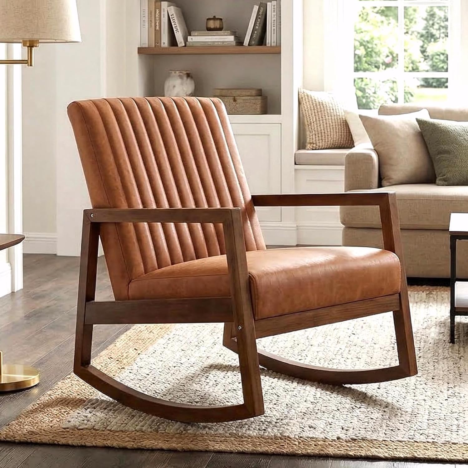 VESCASA Brown Faux Leather Rocking Chair with Channel-Tufted Back, Mid-Century Modern Comfy Rocker with Walnut Wood Frame for Nursery Living Room Bedroom Indoor, Burnt Orange Upholstered Chair