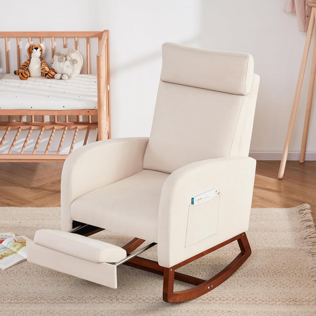 Rocking Chair with Foot Rest, Ergonomic Nursery Chair with High Back, Baby Glider Rocker, Nursing Chair Accent Living Room (Linen Beige)